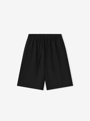 black wide-leg womens drawstring shorts in lightweight rip-stop virgin wool with elasticated waistband