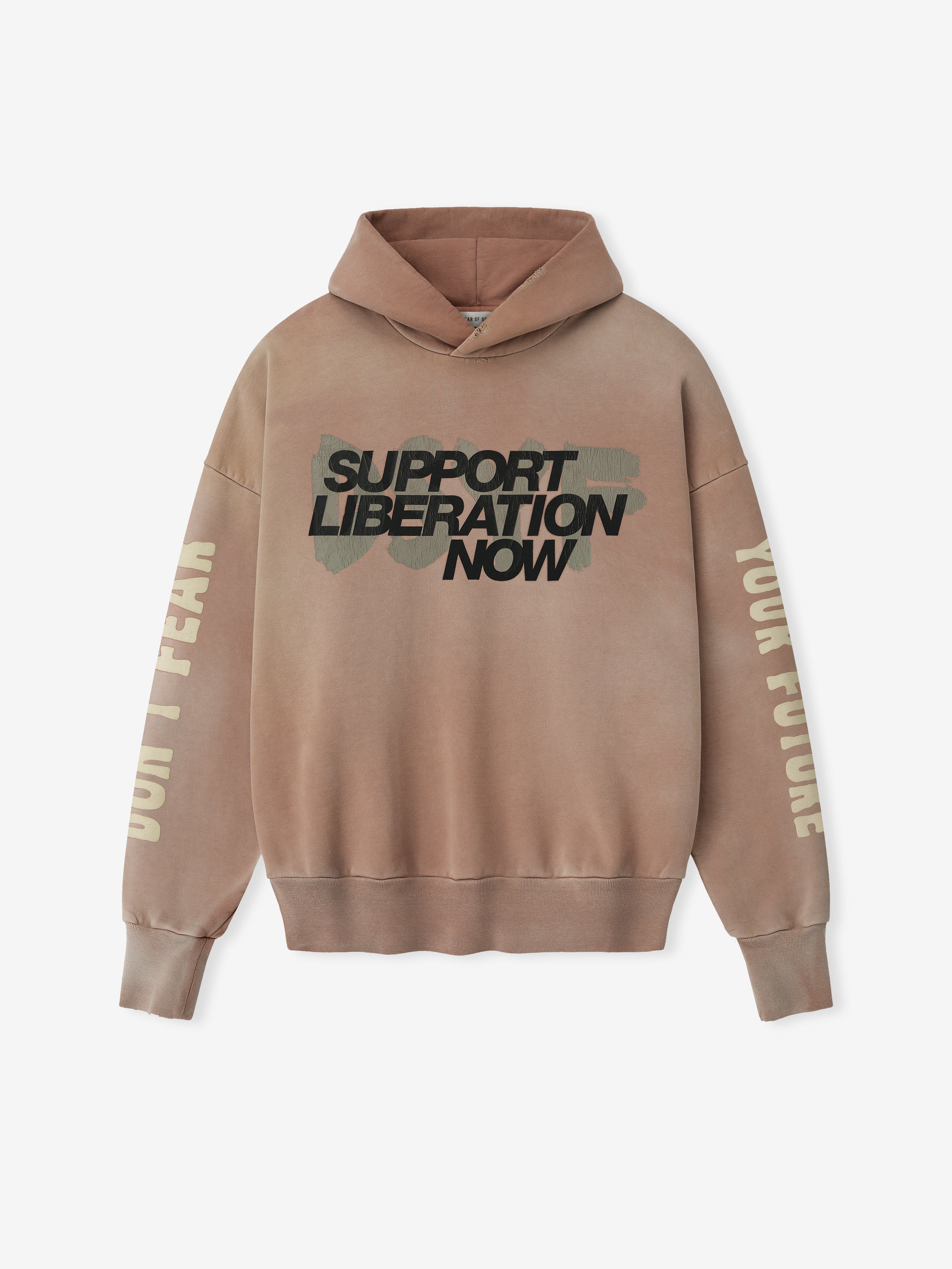 Front view of dune pearl Liberation Now Hoodie with bold black "Support Liberation Now" text over muted green brushstroke FGDSYF-FLC004U