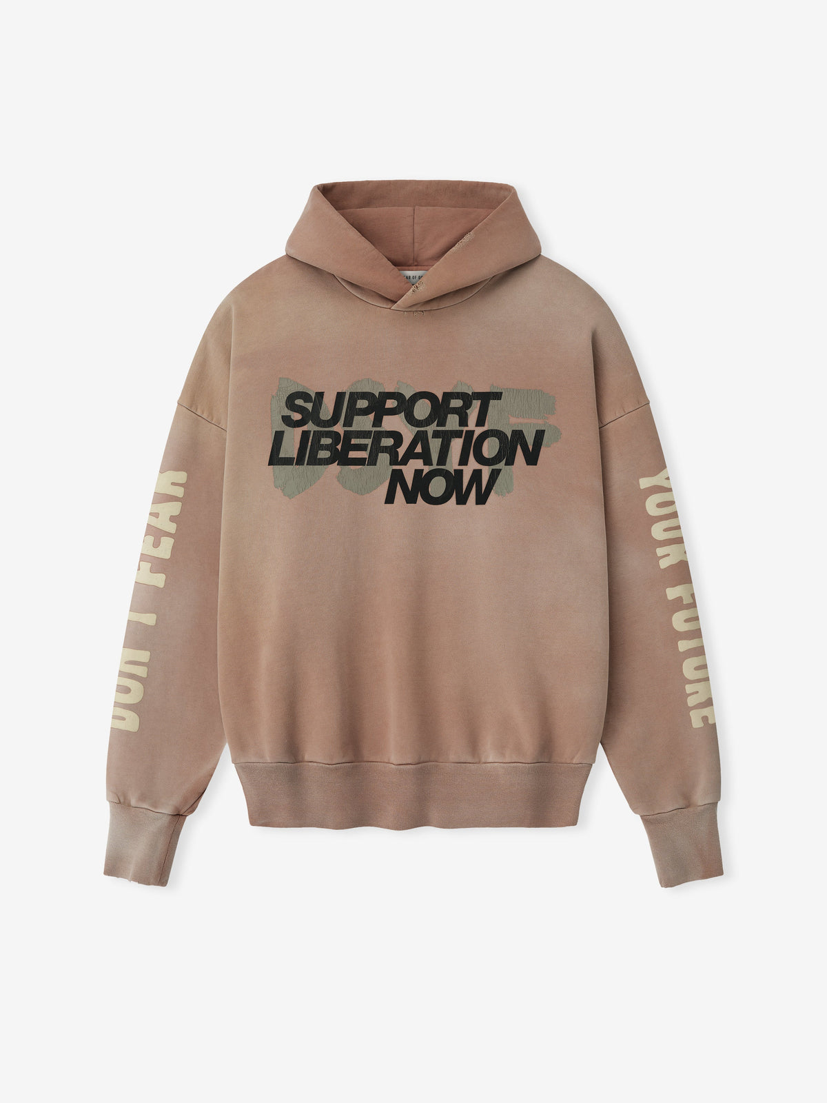 Front view of dune pearl Liberation Now Hoodie with bold black "Support Liberation Now" text over muted green brushstroke FGDSYF-FLC004U