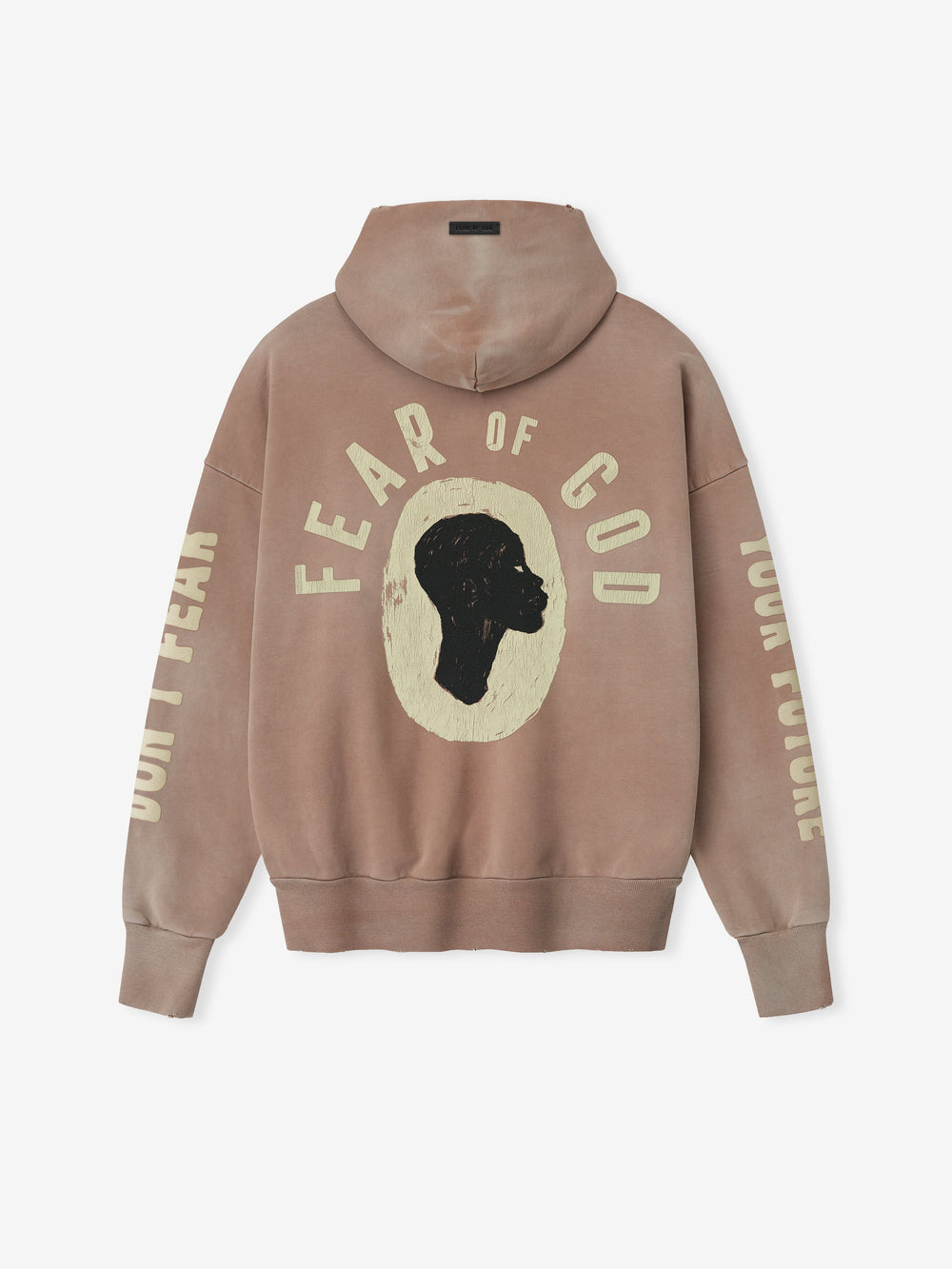 Back view of dune pearl Liberation Now Hoodie with black profile graphic and cream "FEAR OF GOD" text FGDSYF-FLC004U gallery 0