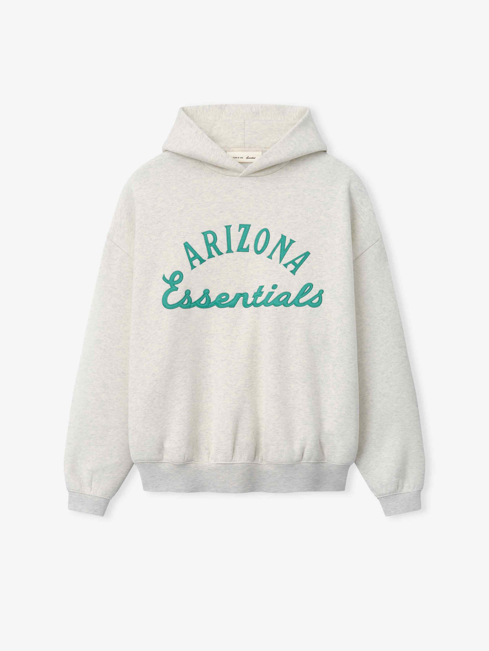Diamondbacks Sport Hoodie in a light oatmeal heather shade featuring teal "Arizona Essentials" text on a soft hooded outerwear top with ribbed cuffs and hem.