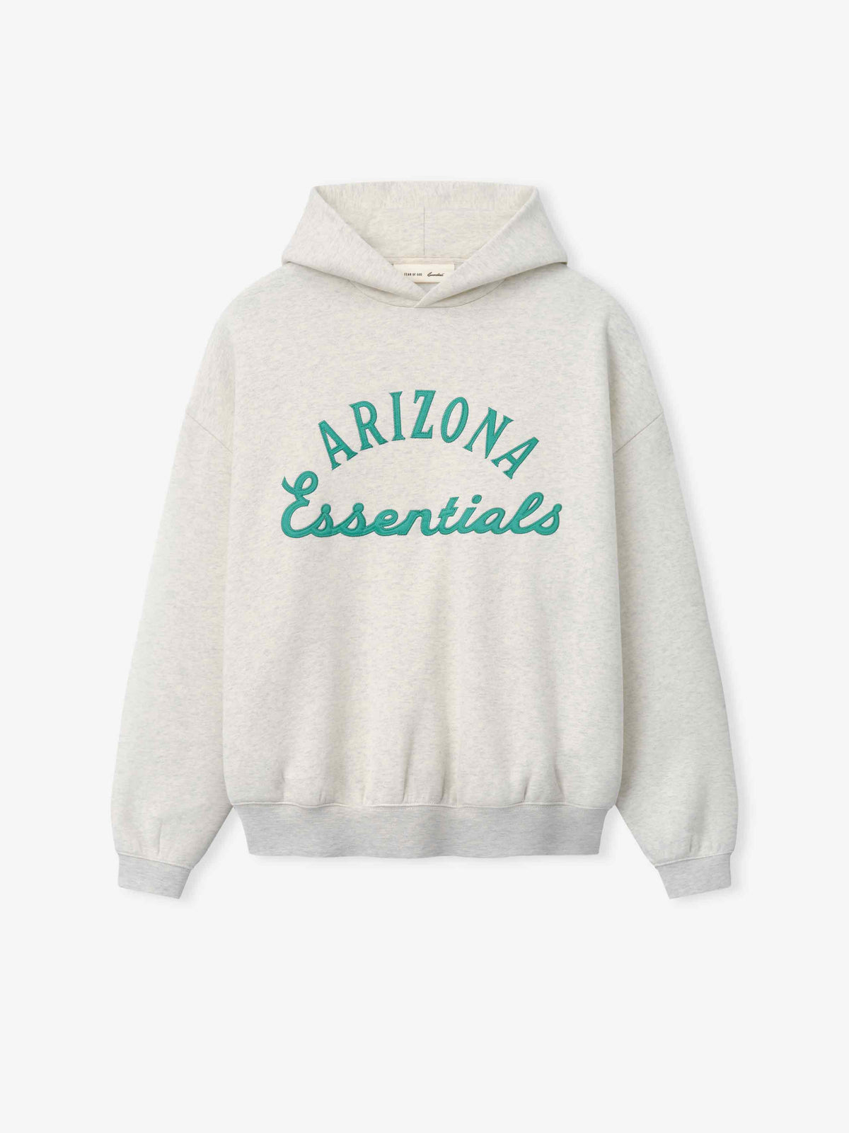 Diamondbacks Sport Hoodie in a light oatmeal heather shade featuring teal "Arizona Essentials" text on a soft hooded outerwear top with ribbed cuffs and hem.
