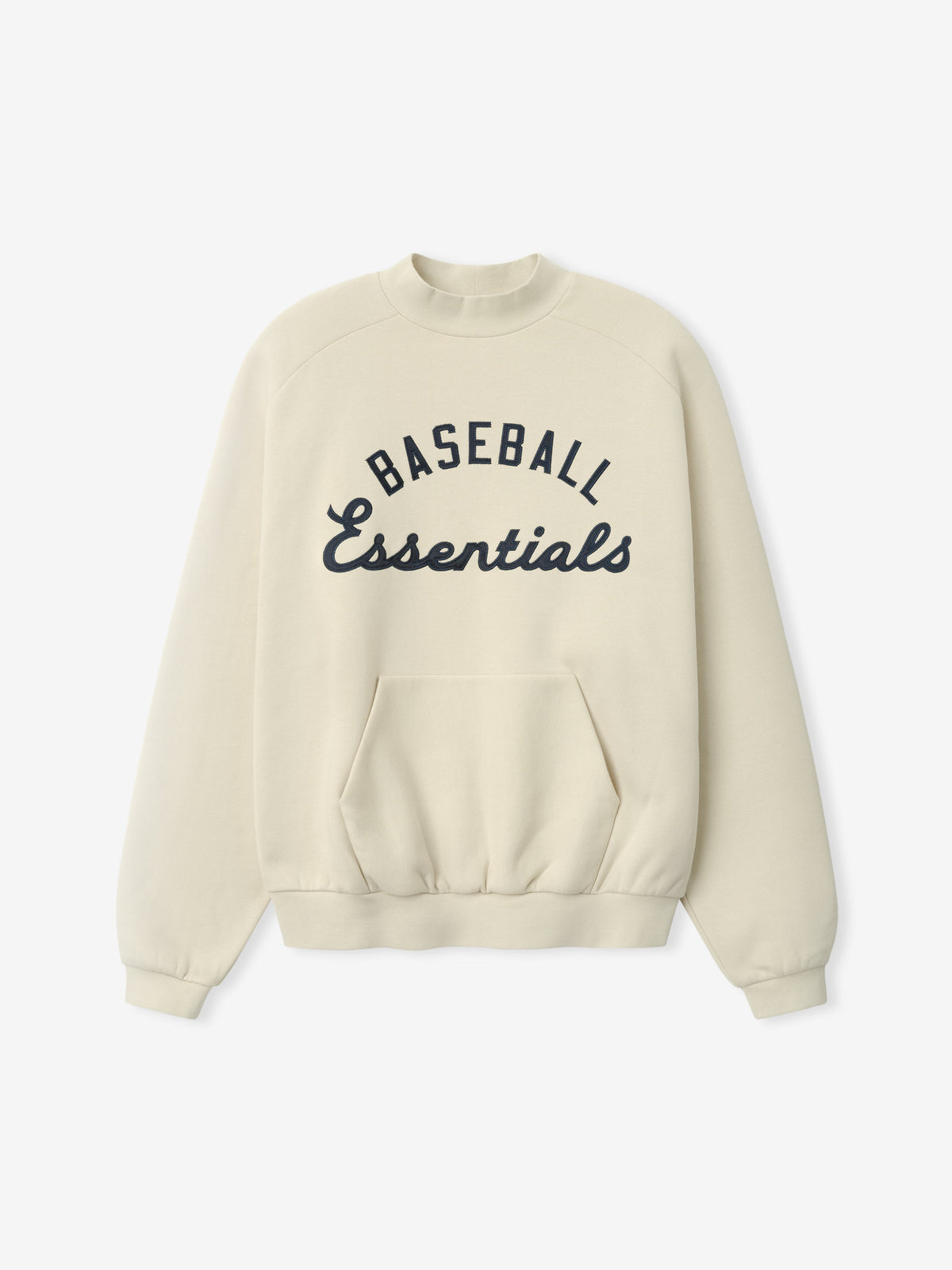 Cream-colored Mlb Sport Crewneck featuring navy blue "Baseball Essentials" text across the chest, ribbed cuffs and hem, and a front kangaroo pocket for casual comfort.
