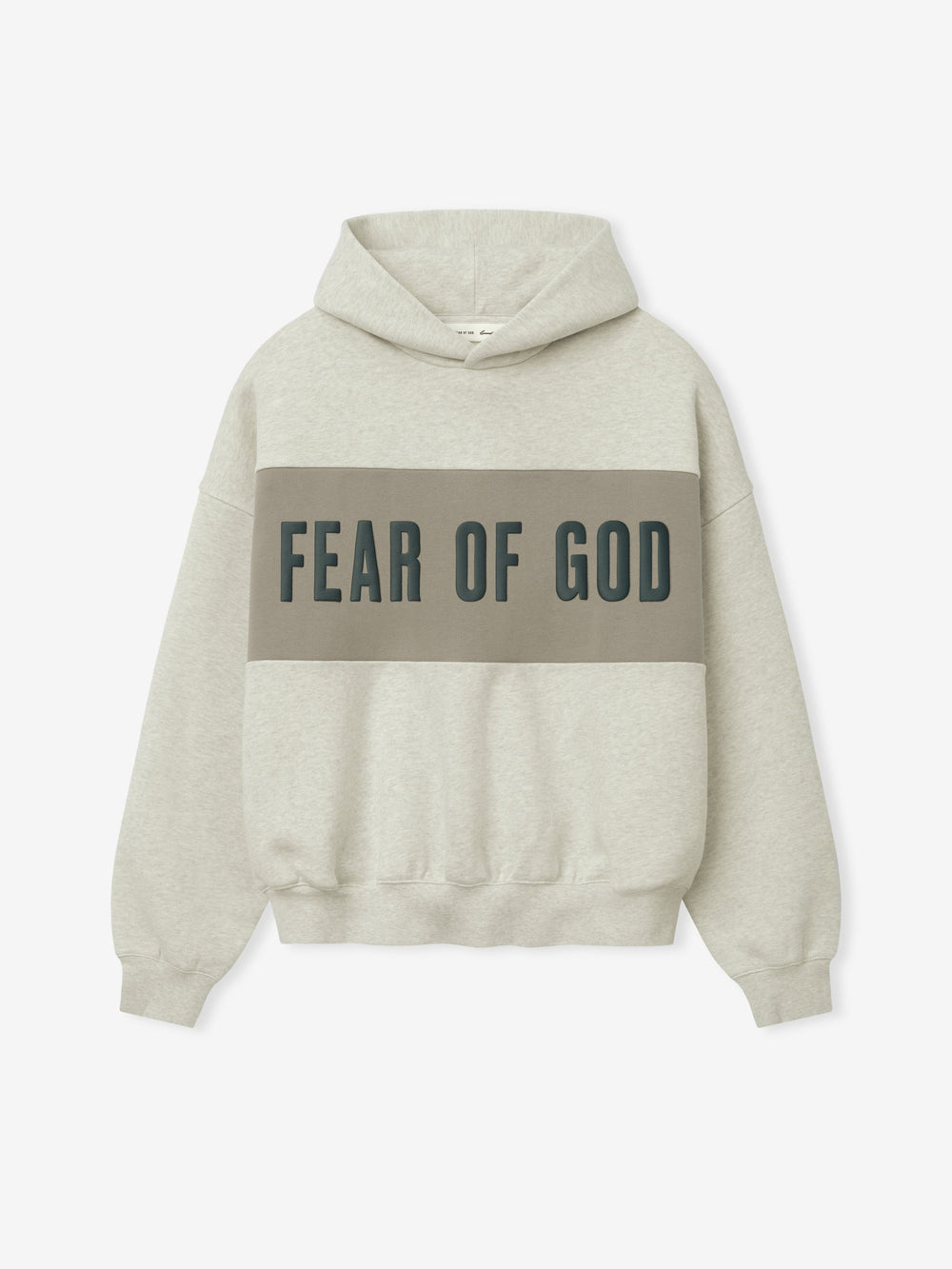 Cropped Relaxed Panelled Hoodie in a light beige tone with a wide muted olive panel across the chest featuring bold Fear of God lettering, designed with ribbed cuffs and hem for a relaxed fit.