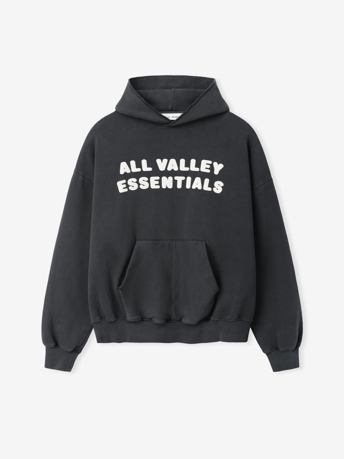 90s Hoodie in washed dark grey featuring bold white text "ALL VALLEY ESSENTIALS" across the chest, with a roomy kangaroo pocket, ribbed cuffs, and relaxed fit.