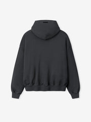 90s Hoodie in a washed dark grey tone shown from the back, featuring a relaxed fit, dropped shoulders, long sleeves, ribbed cuffs and hem, and an attached hood for casual outerwear.