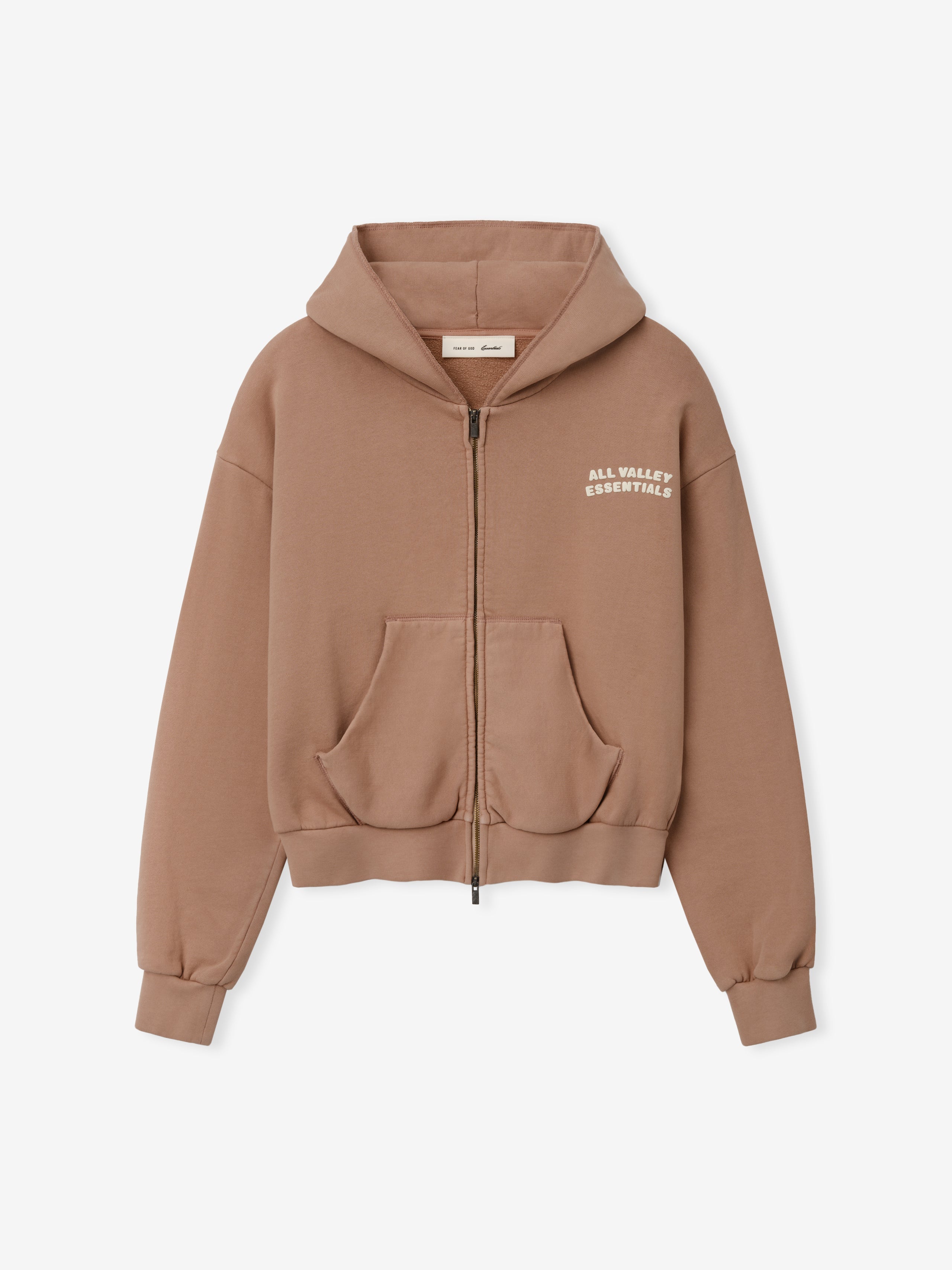 Womens 90s Full Zip Hoodie in a muted ginger tone featuring a relaxed fit, front pockets, ribbed cuffs, and subtle white text on the chest for casual outerwear style.