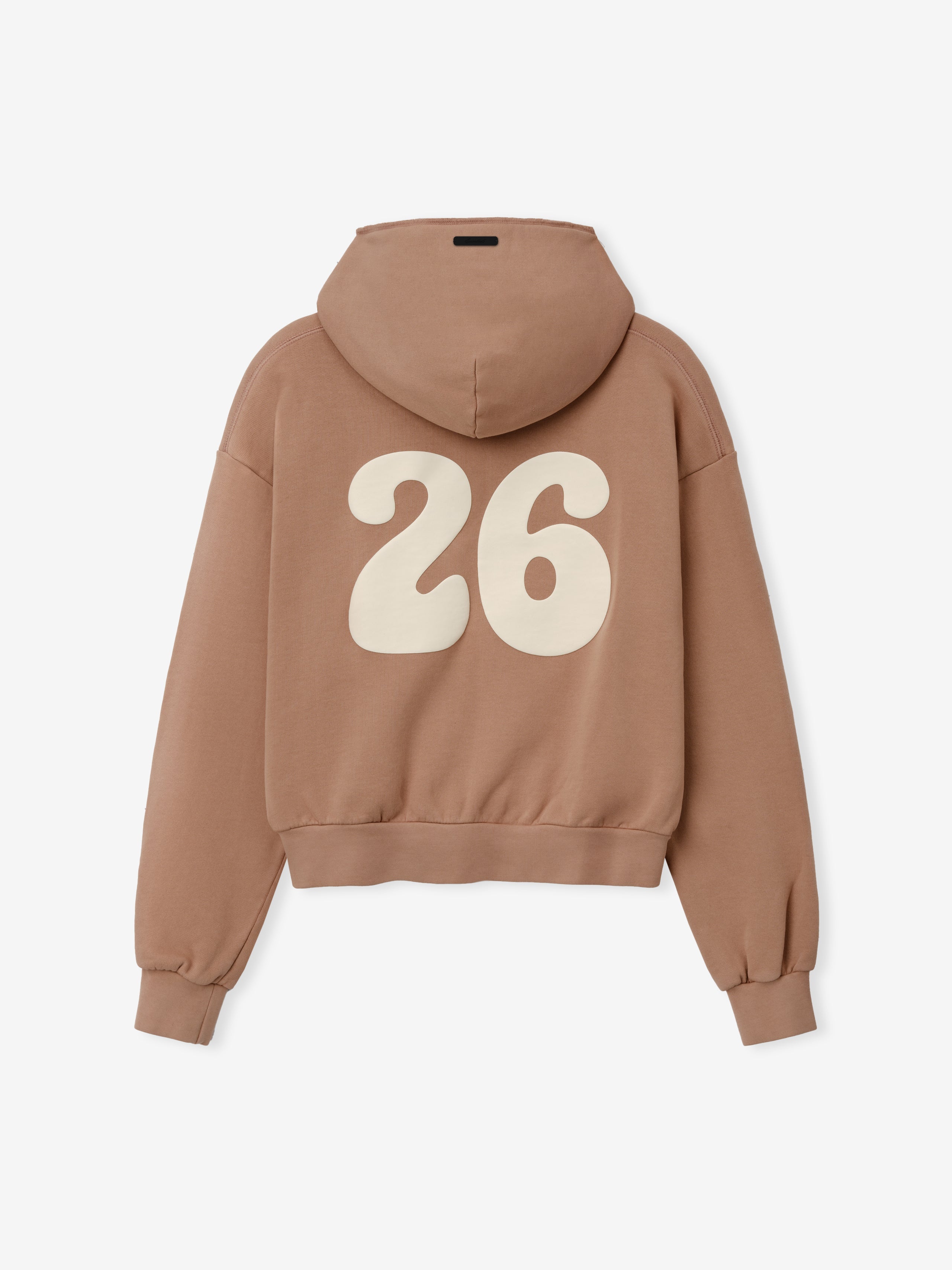 Womens 90s Full Zip Hoodie in a warm washed ginger shade featuring a relaxed fit, attached hood, ribbed cuffs, and a bold cream-colored "26" graphic on the back for a vintage-inspired outerwear look.