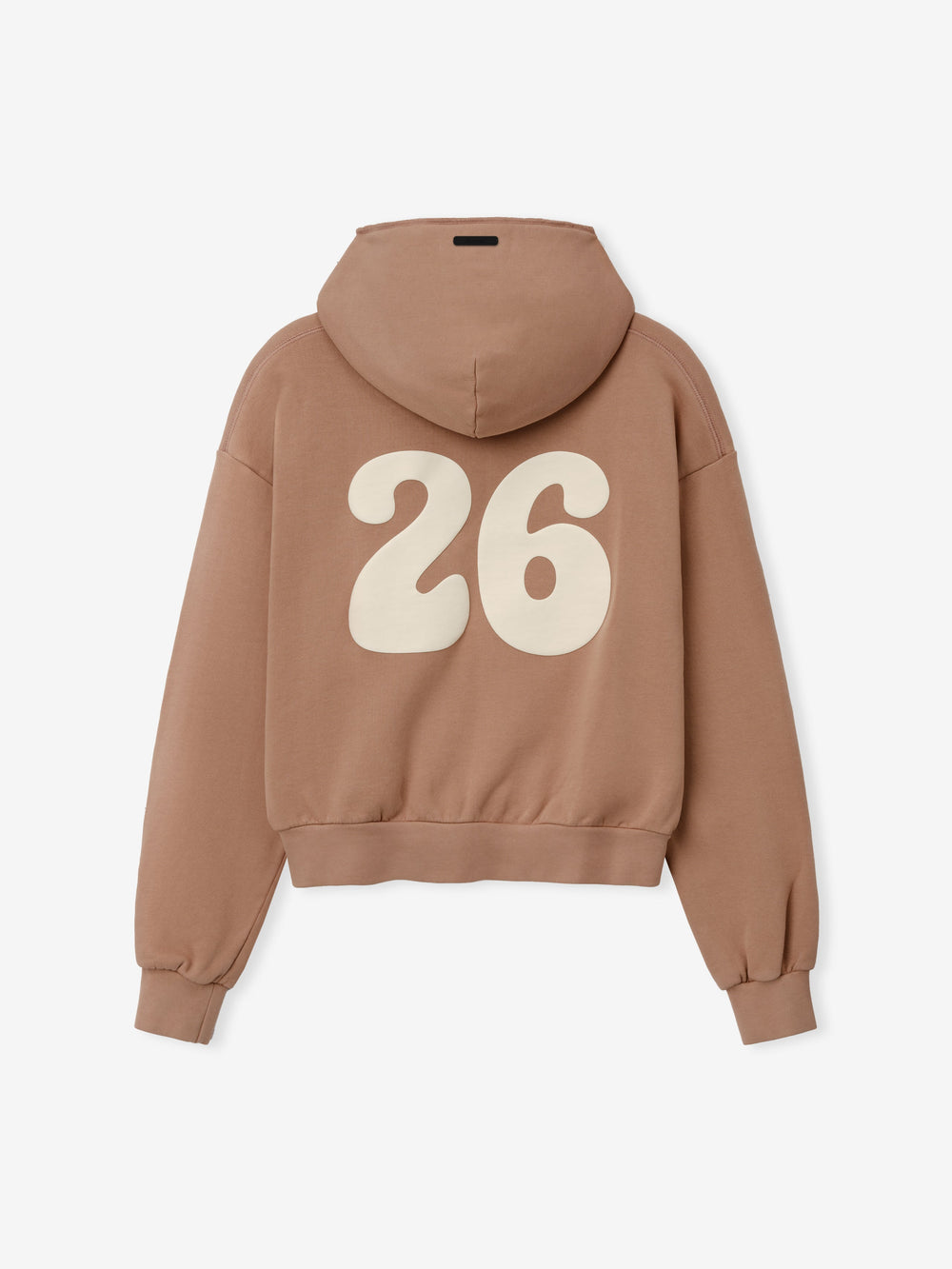 Womens 90s Full Zip Hoodie in a warm washed ginger shade featuring a relaxed fit, attached hood, ribbed cuffs, and a bold cream-colored "26" graphic on the back for a vintage-inspired outerwear look.