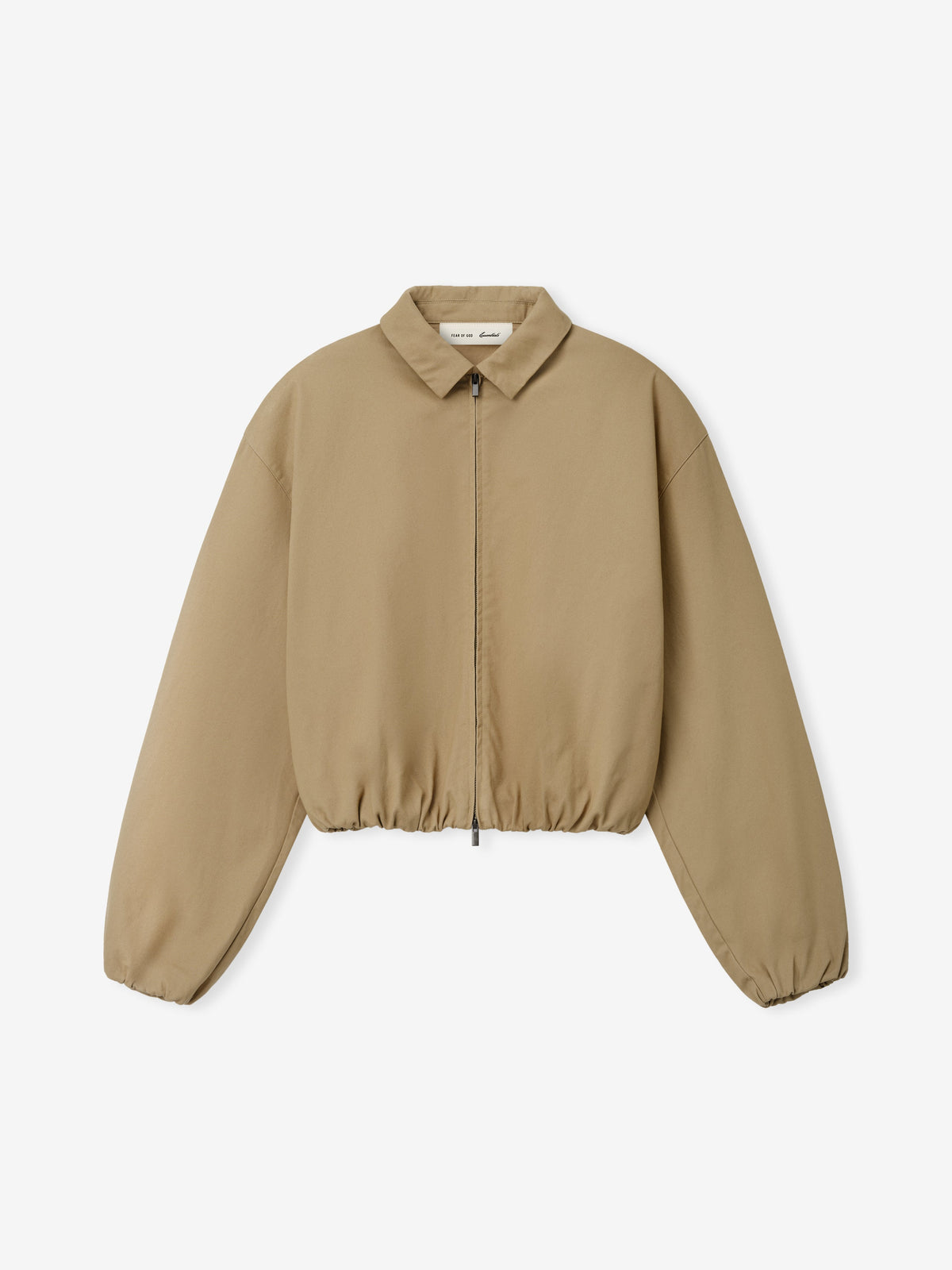 Womens Cotton Twill Work Jacket in a warm dune color featuring a relaxed fit, full front zipper, classic collar, and elasticized cuffs and hem for versatile outerwear styling.