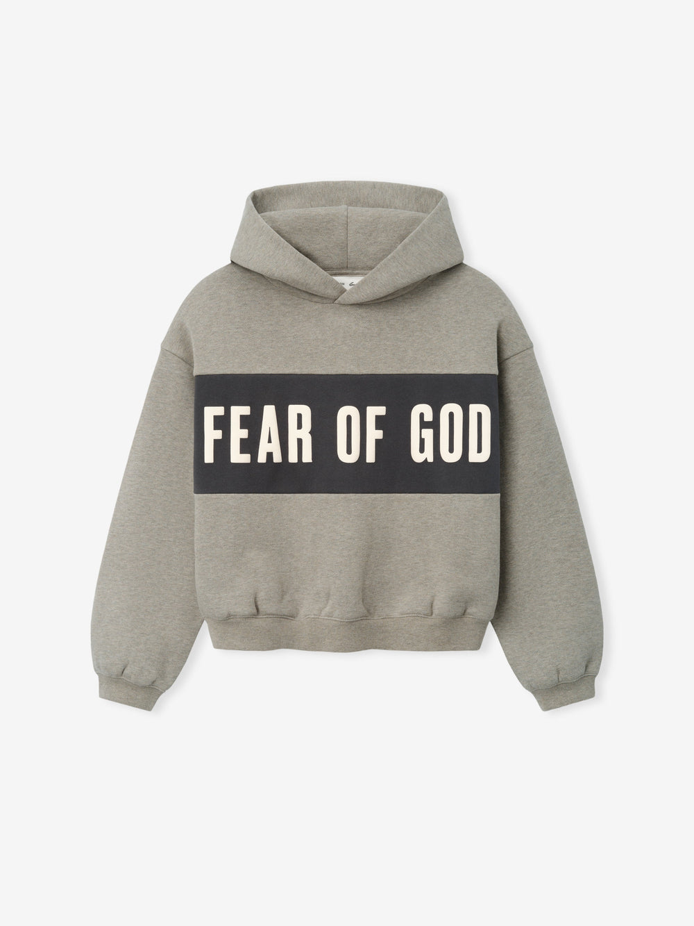 Kids Cropped Relaxed Panelled Hoodie in a muted heather grey tone with a wide dark grey panel across the chest featuring bold "Fear of God" lettering, designed as a cozy kids outerwear top.