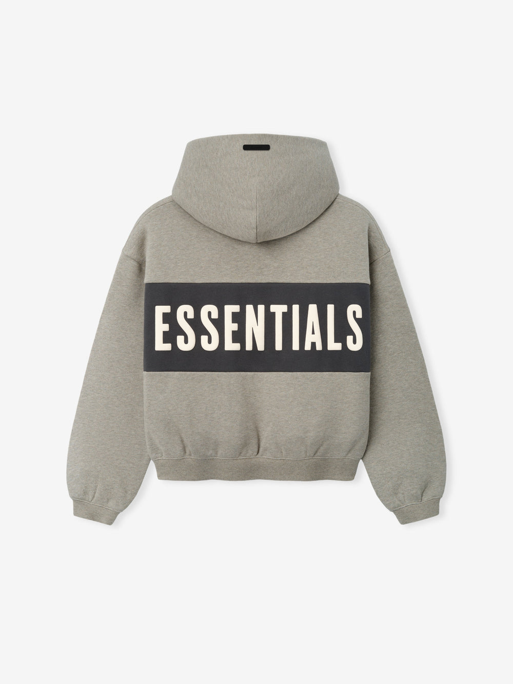 Kids Cropped Relaxed Panelled Hoodie in a muted grey tone with a contrasting dark panel across the back displaying bold "ESSENTIALS" lettering, designed as a cozy kids outerwear top.