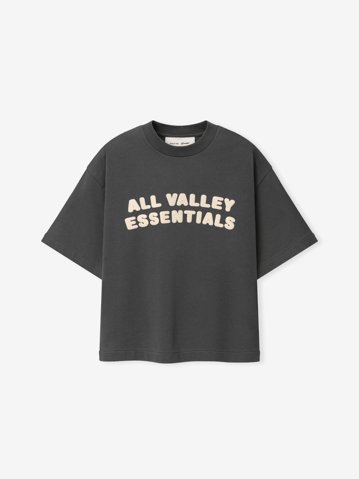Kids Merch Tee in dark gray fabric featuring cream-colored bold text "ALL VALLEY ESSENTIALS" in playful rounded font across the chest for a casual kids top.
