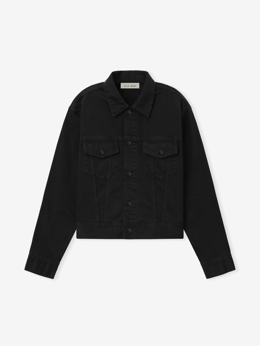 Classic Denim Jacket in a rich black hue featuring a structured collar, button-front closure, chest flap pockets, and durable denim fabric for versatile outerwear style.