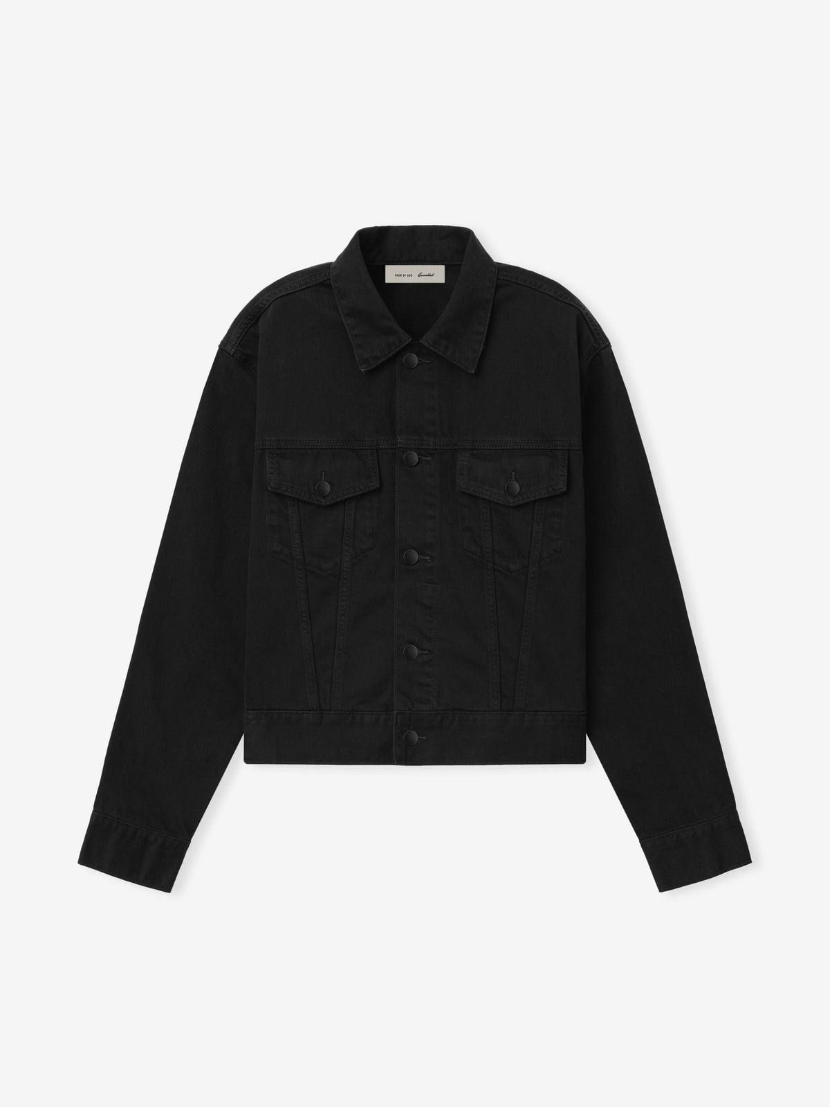 Classic Denim Jacket in a rich black hue featuring a structured collar, button-front closure, chest flap pockets, and durable denim fabric for versatile outerwear style.