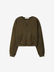 Womens French Terry Relaxed Half Zip in a muted moss green shade, featuring a half-zip front, crew neckline, kangaroo pocket, and ribbed cuffs for a casual, comfortable top.