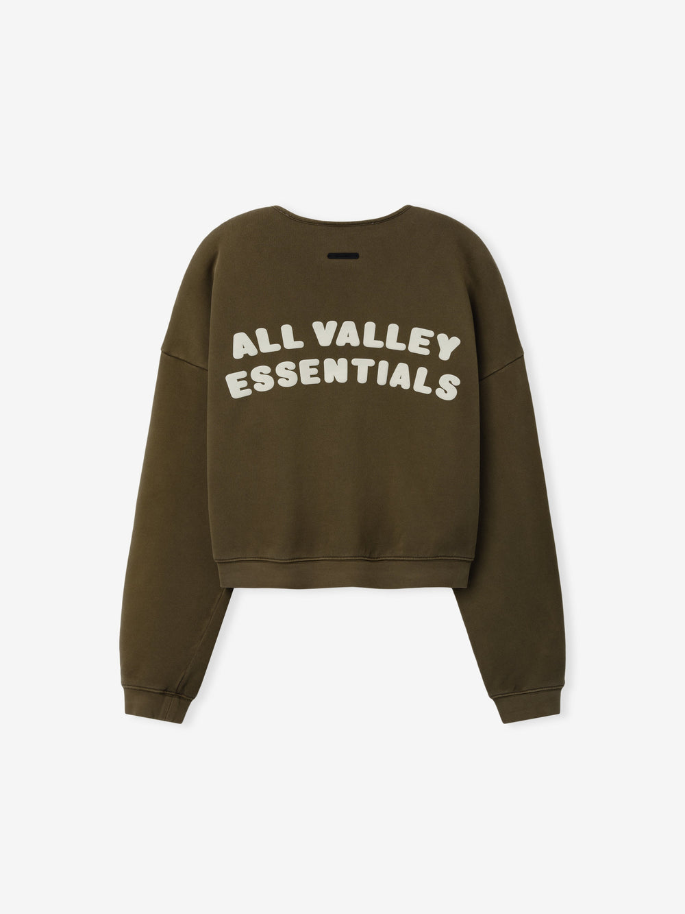 Womens French Terry Relaxed Half Zip in washed moss green, shown from the back with bold white printed lettering "All Valley Essentials" on soft, casual top.