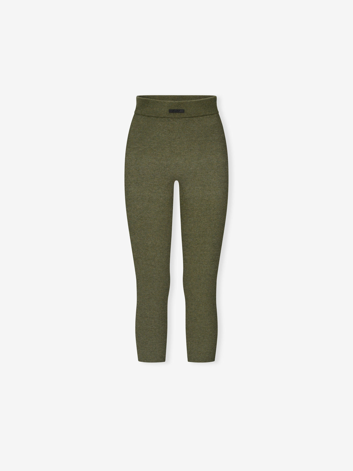 Womens Rib Knit Capri in a soft moss green shade, featuring a high-rise waist and stretchy ribbed knit fabric for a fitted, comfortable casual bottom.