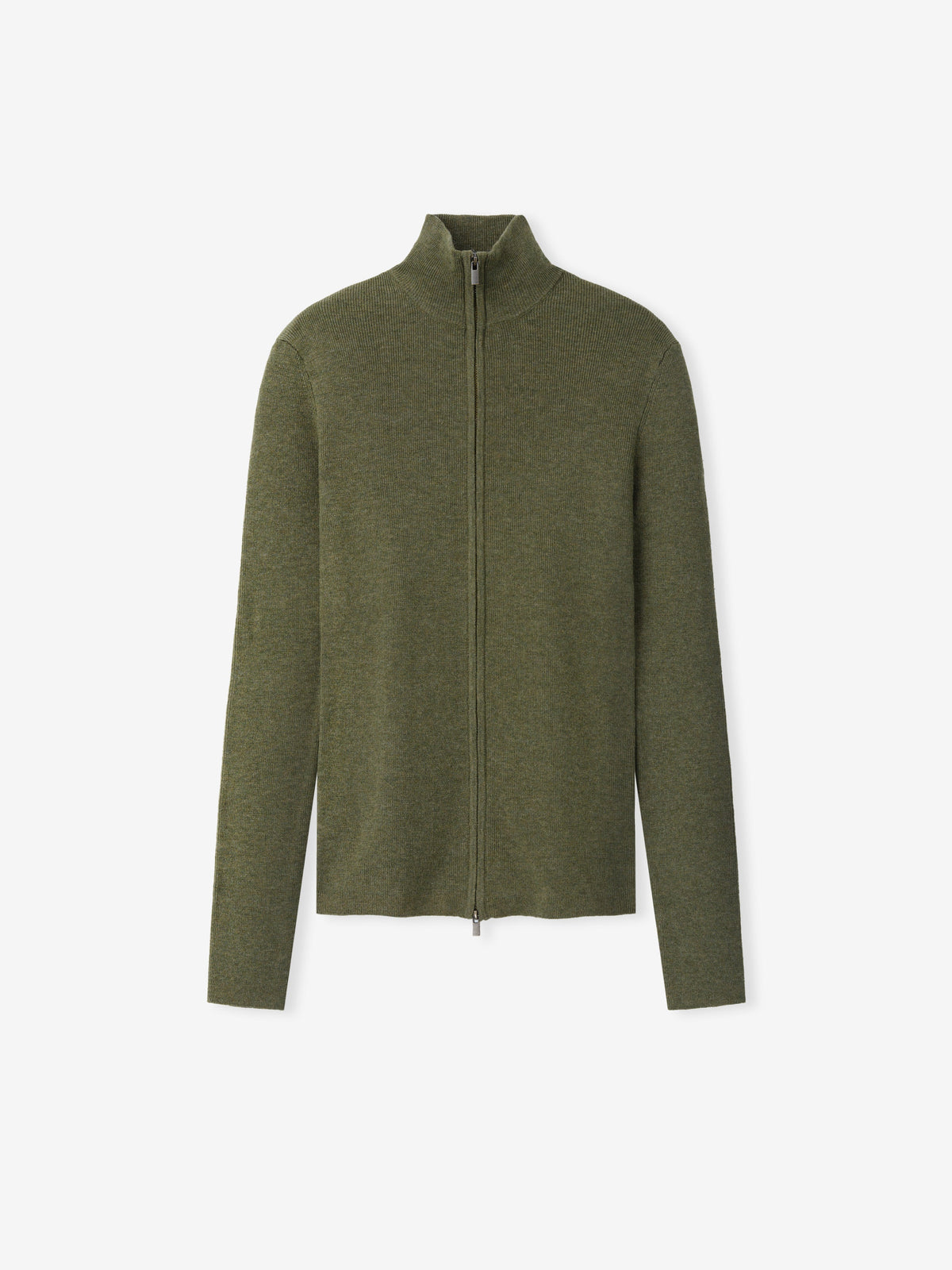 Womens Rib Knit Zip Up Jacket in a muted moss green shade, featuring a finely textured knit fabric with a high collar and full-length zipper for a sleek and functional outerwear piece.