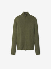 Womens Rib Knit Zip Up Jacket in a muted moss green shade, featuring a finely textured knit fabric with a high collar and full-length zipper for a sleek and functional outerwear piece.