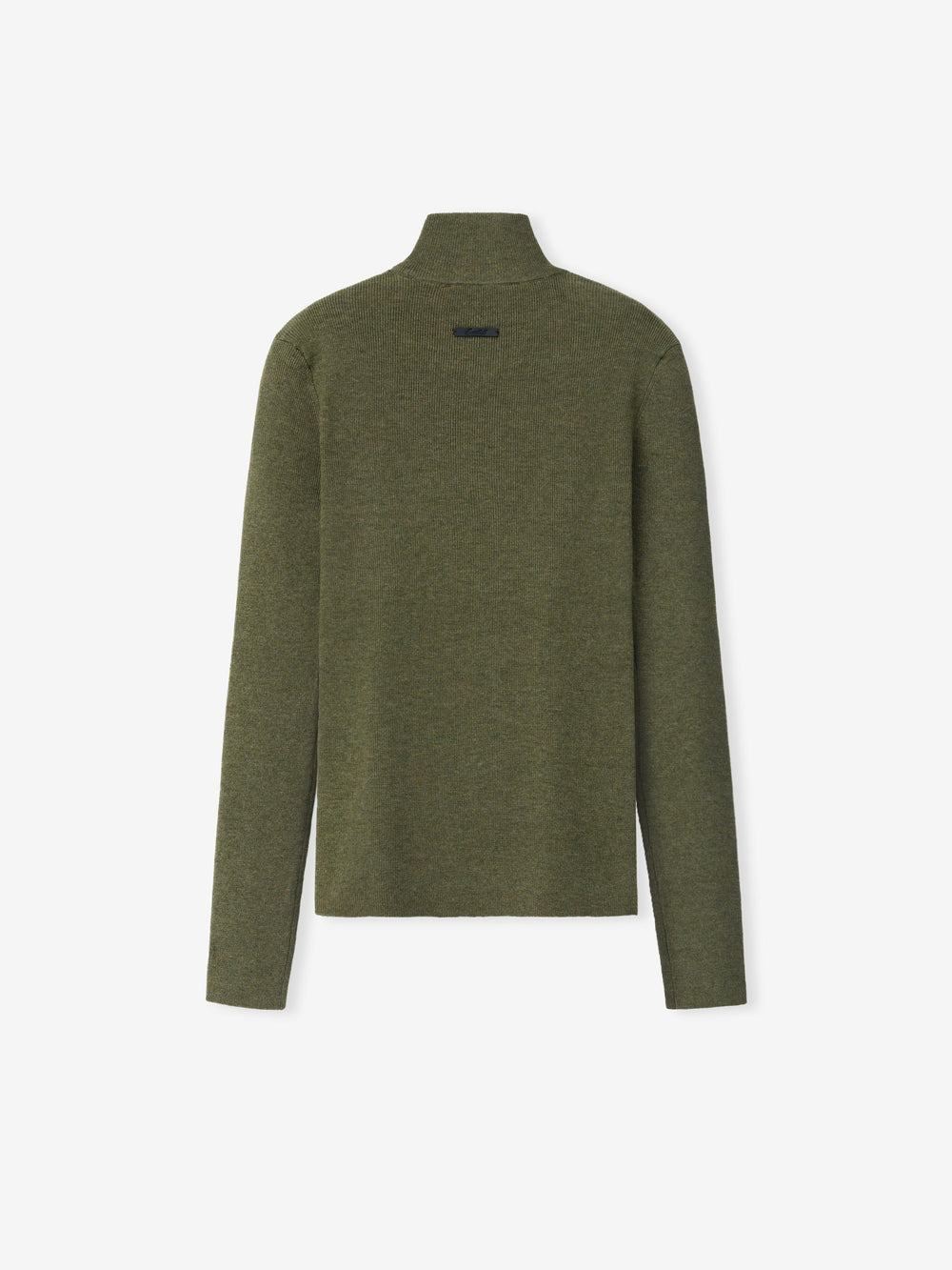 Womens Rib Knit Zip Up Jacket in an earthy olive green hue, featuring a smooth, finely knit fabric with a high collar and long sleeves for a sleek outerwear piece.