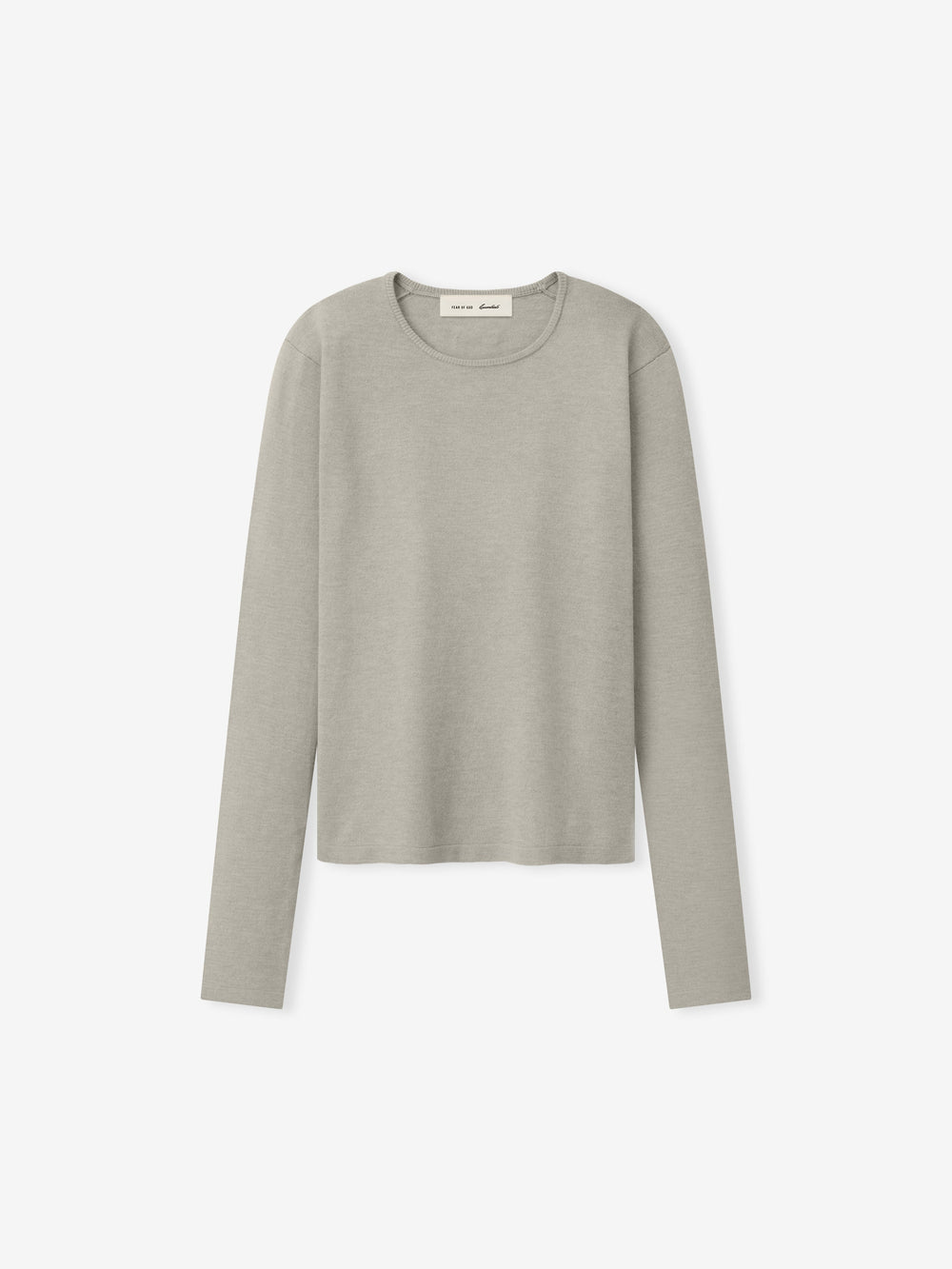 Womens Soft Knit Slim Longsleeve in a soft pale grey shade, featuring a finely textured knit fabric with a clean round neckline and tailored slim fit for versatile casual tops.