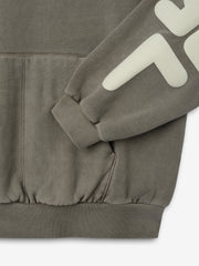 90'S Sweatshirt in a muted washed seal tone, featuring a soft fabric, ribbed cuffs and hem, front pouch pocket, and bold cream graphic print on the sleeve for casual tops.