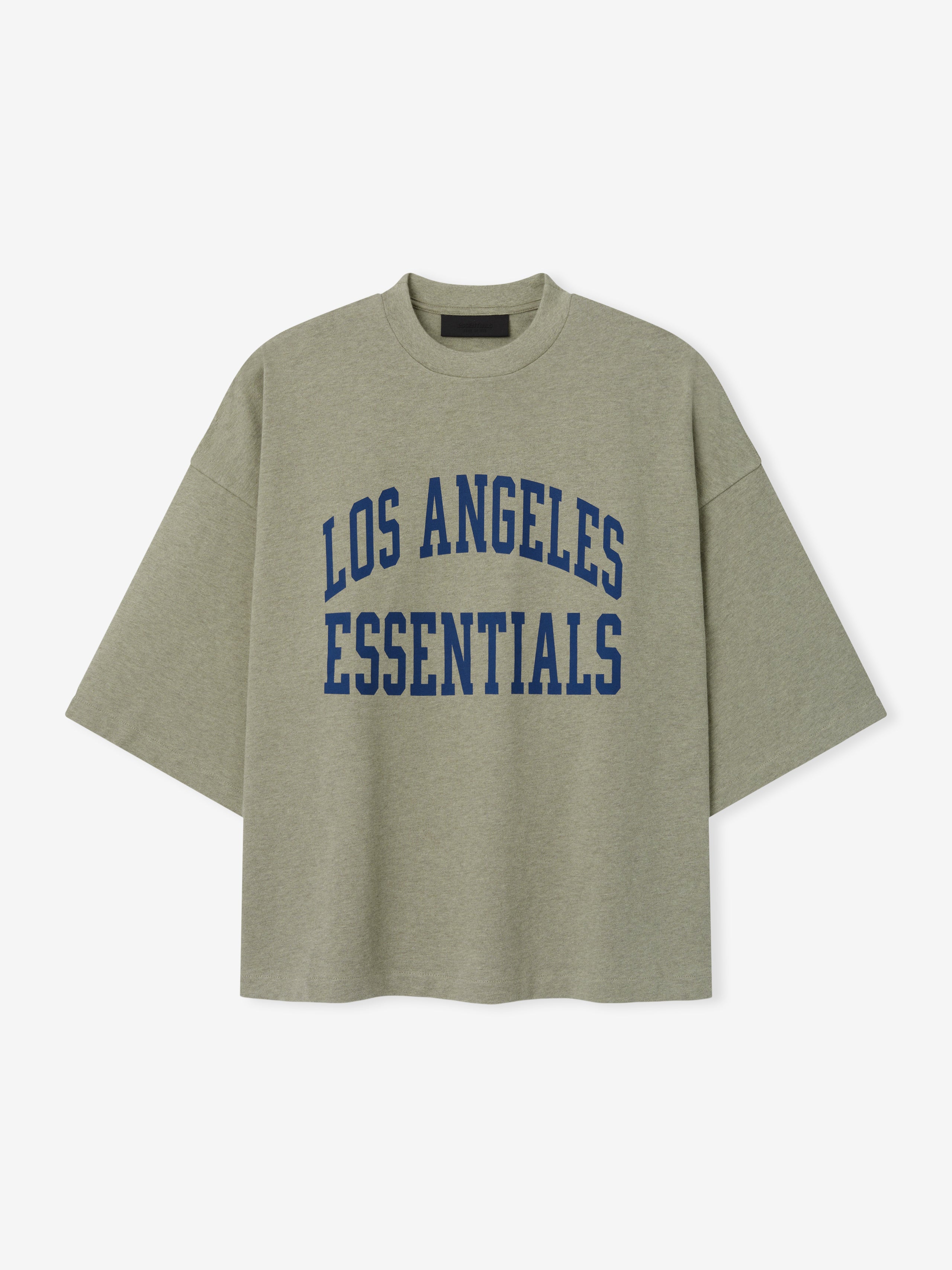 Rams Merch Tee gray short sleeve T shirt featuring bold blue Los Angeles Essentials collegiate lettering displayed against a light background in a clean Tops product view