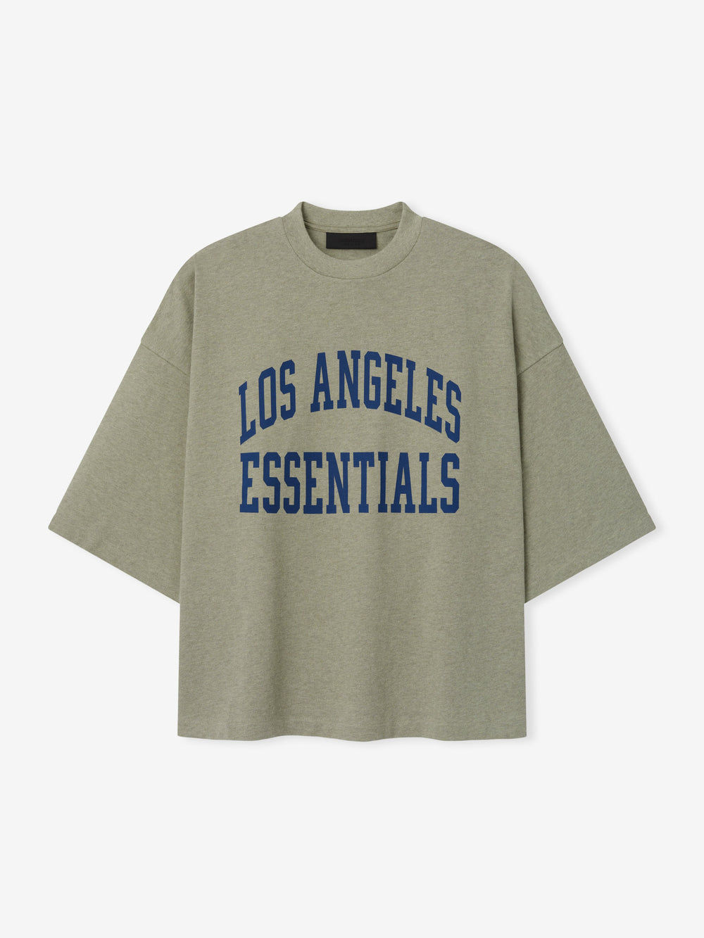 Rams Merch Tee gray short sleeve T shirt featuring bold blue Los Angeles Essentials collegiate lettering displayed against a light background in a clean Tops product view