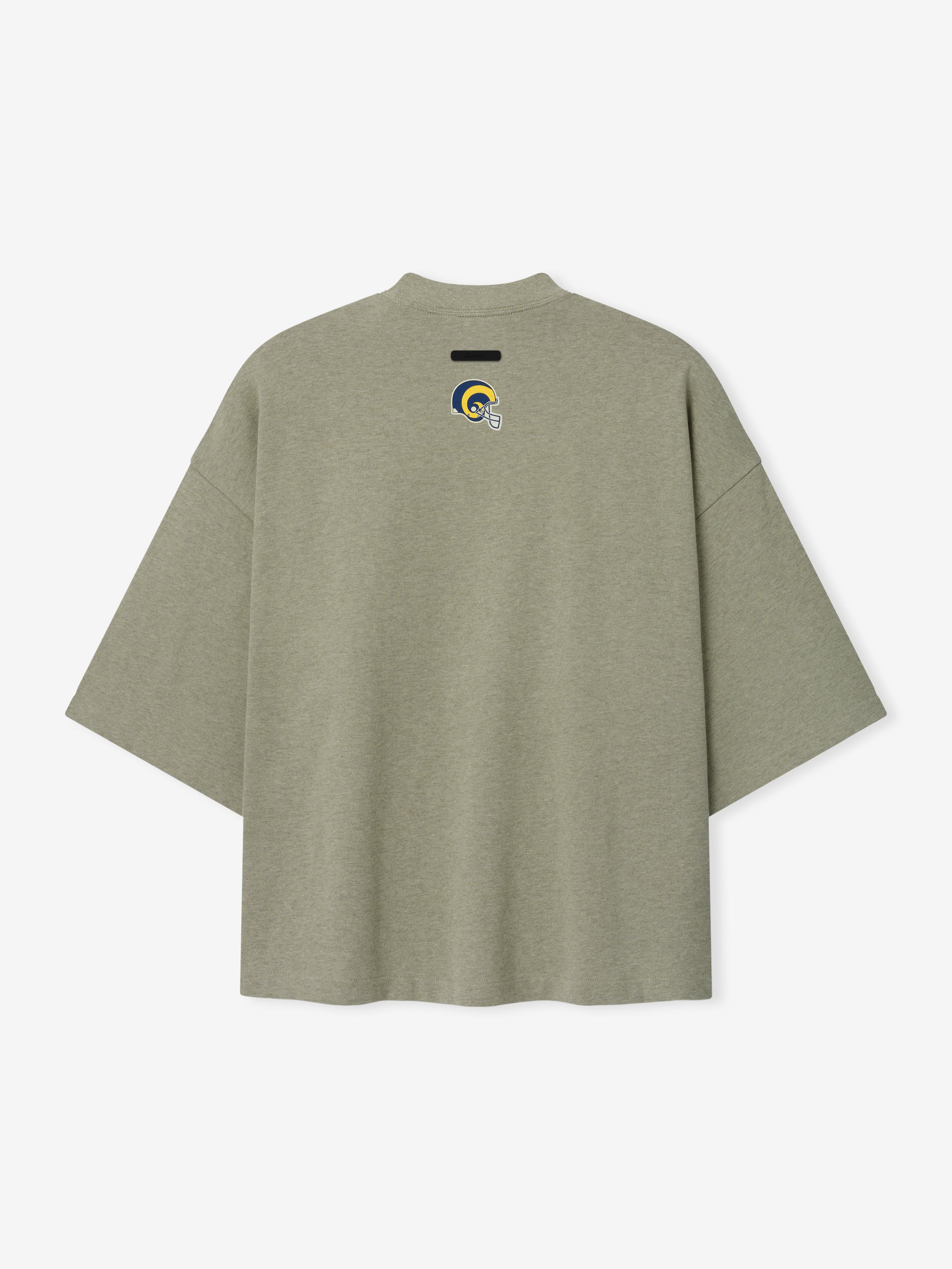 Rams Merch Tee olive gray oversized short sleeve shirt with a small blue and yellow Rams emblem and black chest label shown in a clean Tops product view