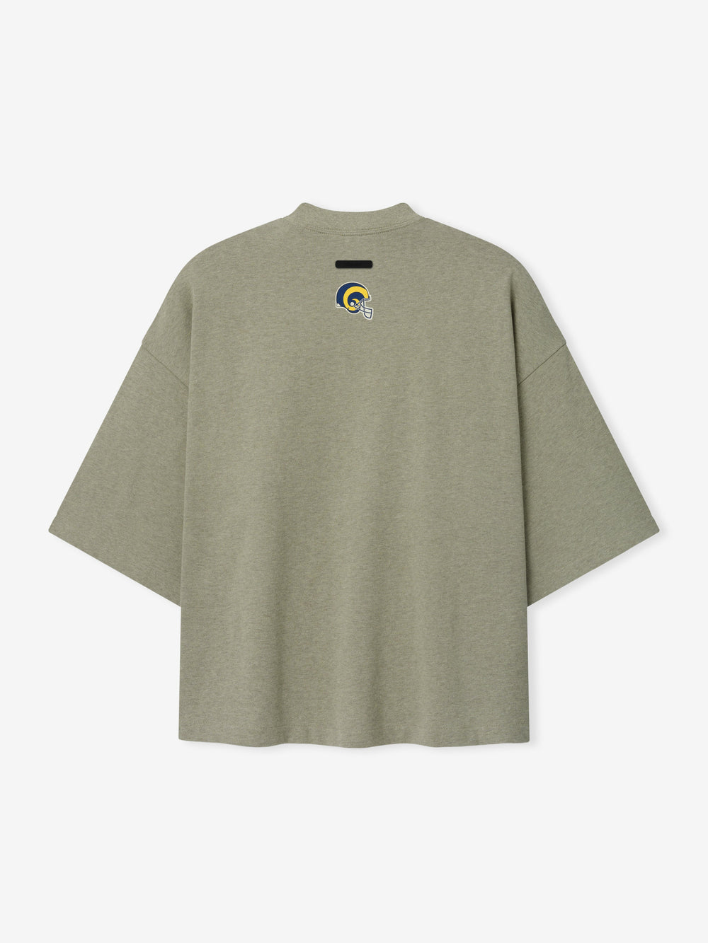 Rams Merch Tee olive gray oversized short sleeve shirt with a small blue and yellow Rams emblem and black chest label shown in a clean Tops product view