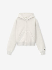 Womens Esssentials FW26 Classic Zip-Up Hoodie in ivory shown flat with full zip front kangaroo pockets ribbed cuffs and hood Fear of God Tops