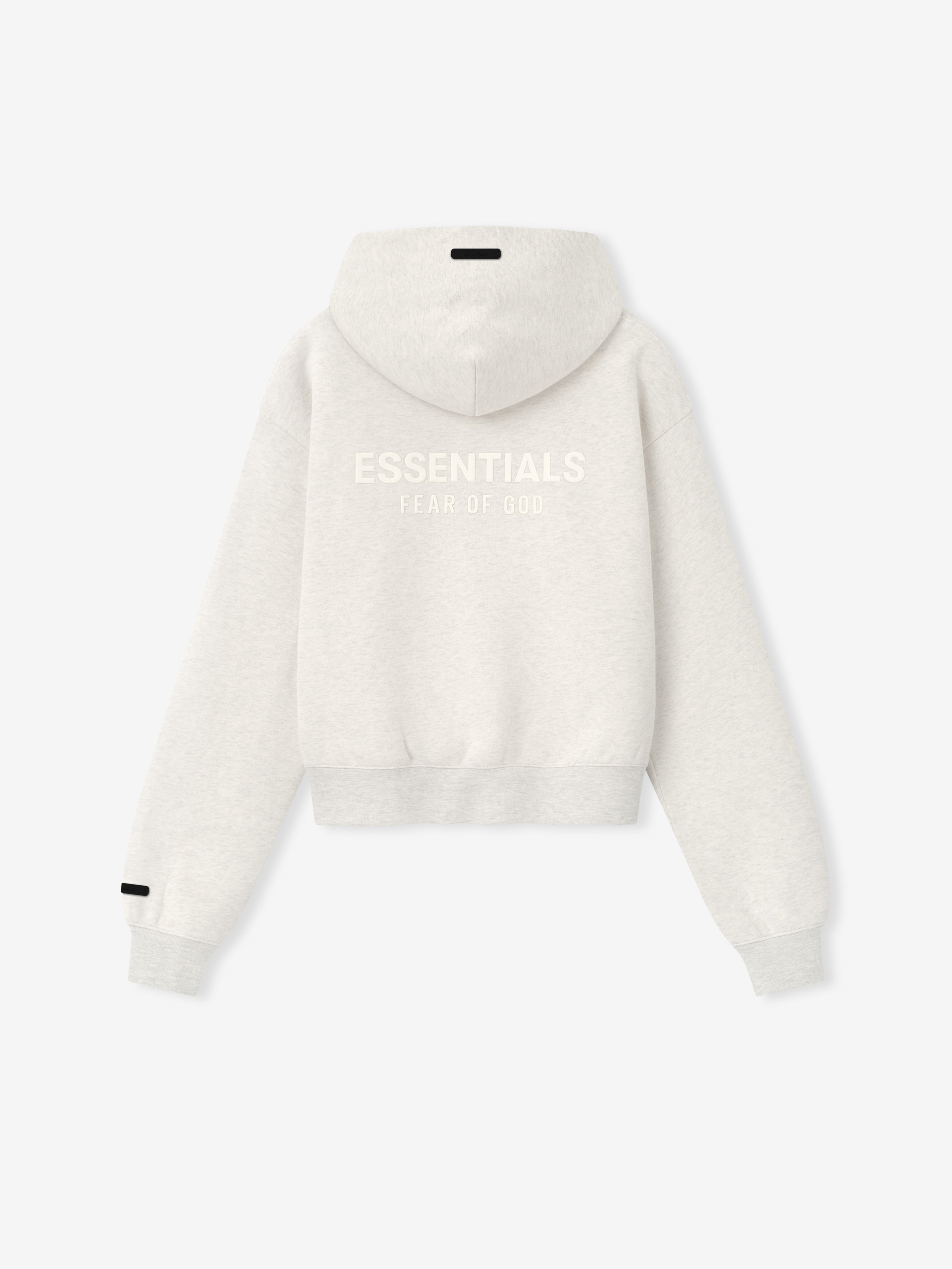 Womens Esssentials FW26 Classic Zip-Up Hoodie in ivory shown flat with hood ribbed cuffs and subtle Essentials Fear of God chest branding Tops