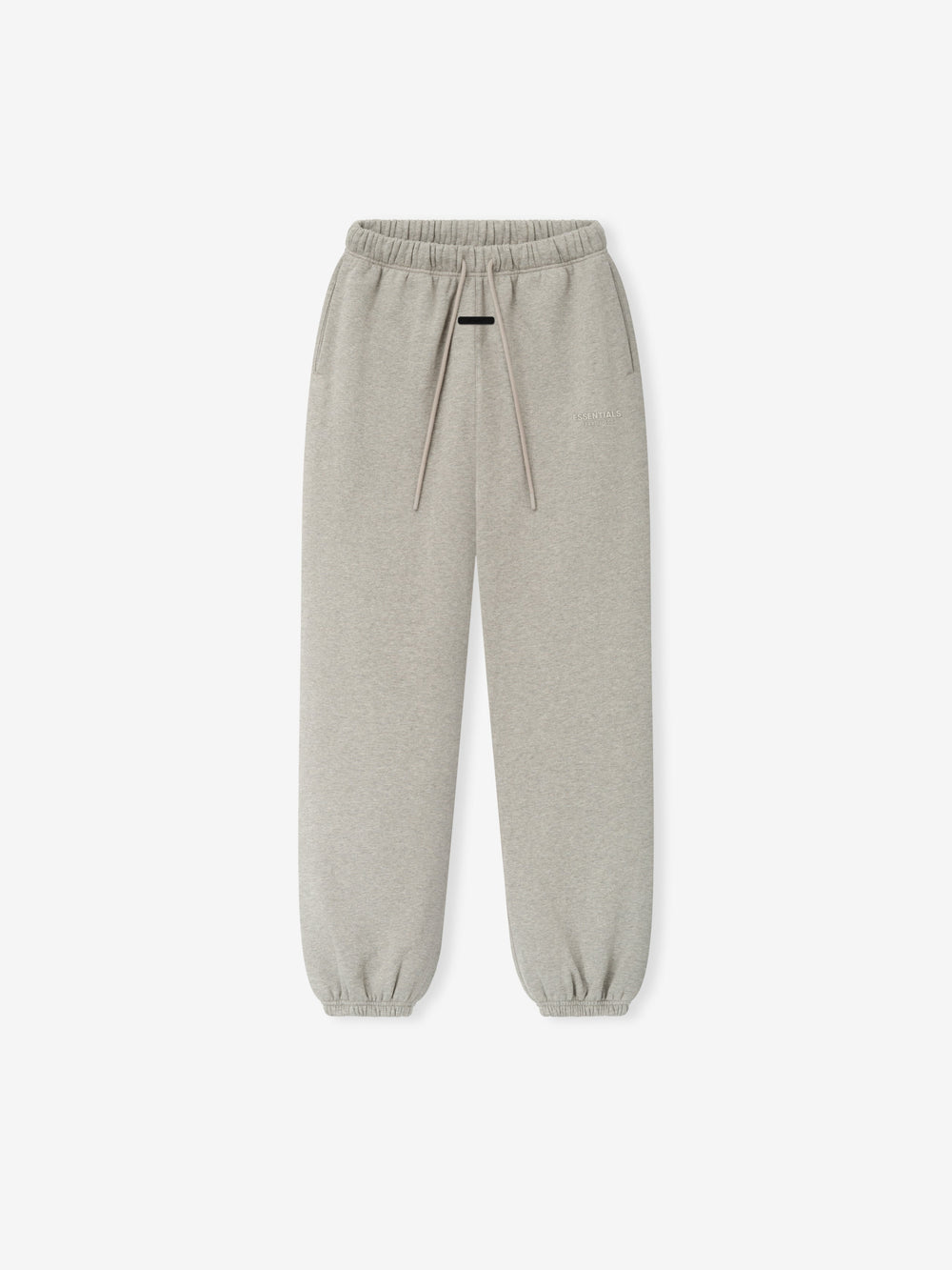 Womens Essentals FW26 Classic Sweatpant in light gray fleece with elastic waistband drawstrings and cuffed hems shown flat Bottoms