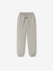 Womens Essentals FW26 Classic Sweatpant in light gray fleece with elastic waistband drawstrings and cuffed hems shown flat Bottoms
