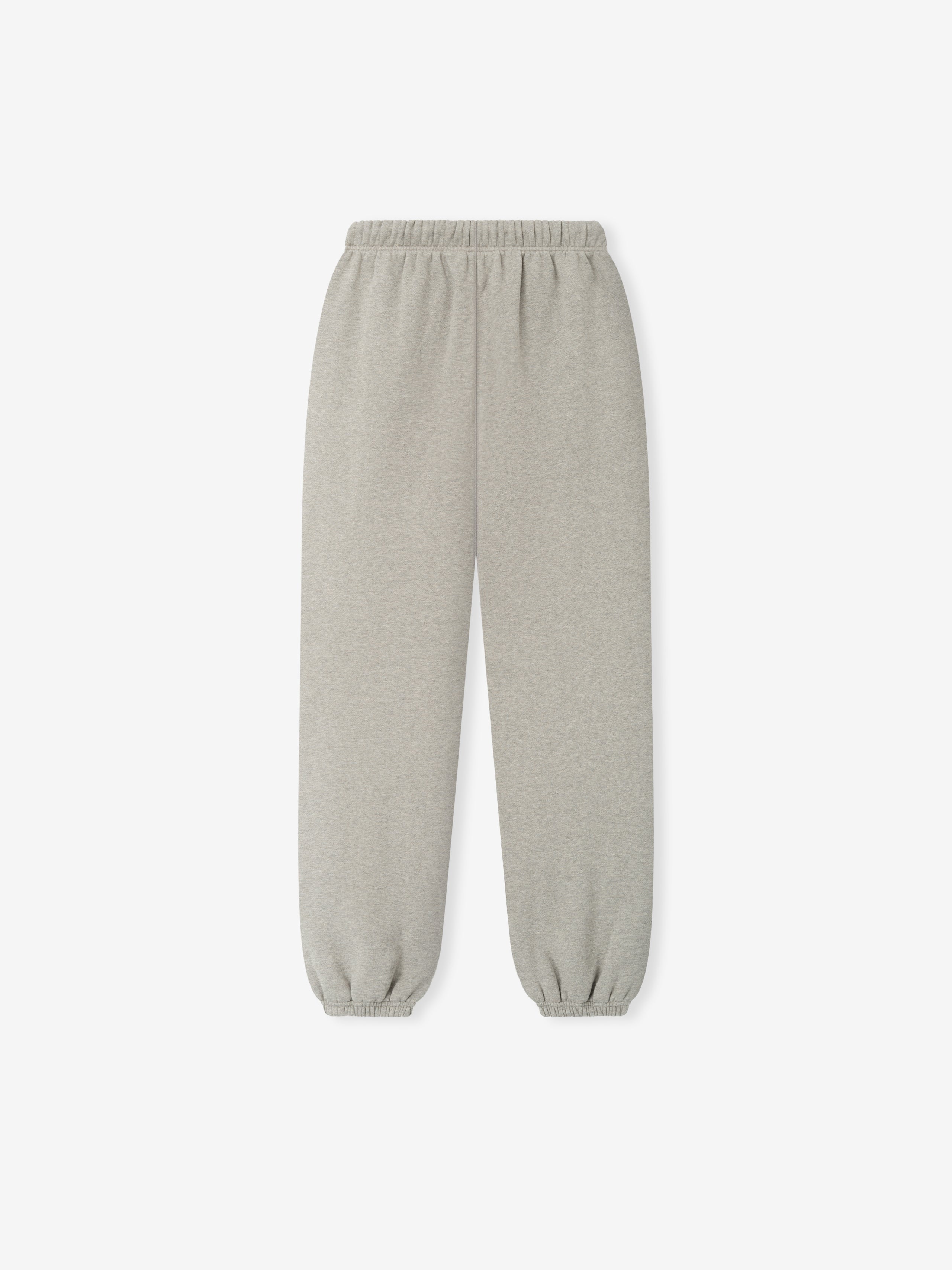 Womens Essentals FW26 Classic Sweatpant in light gray fleece shown flat with elastic waistband and cuffed hems Bottoms