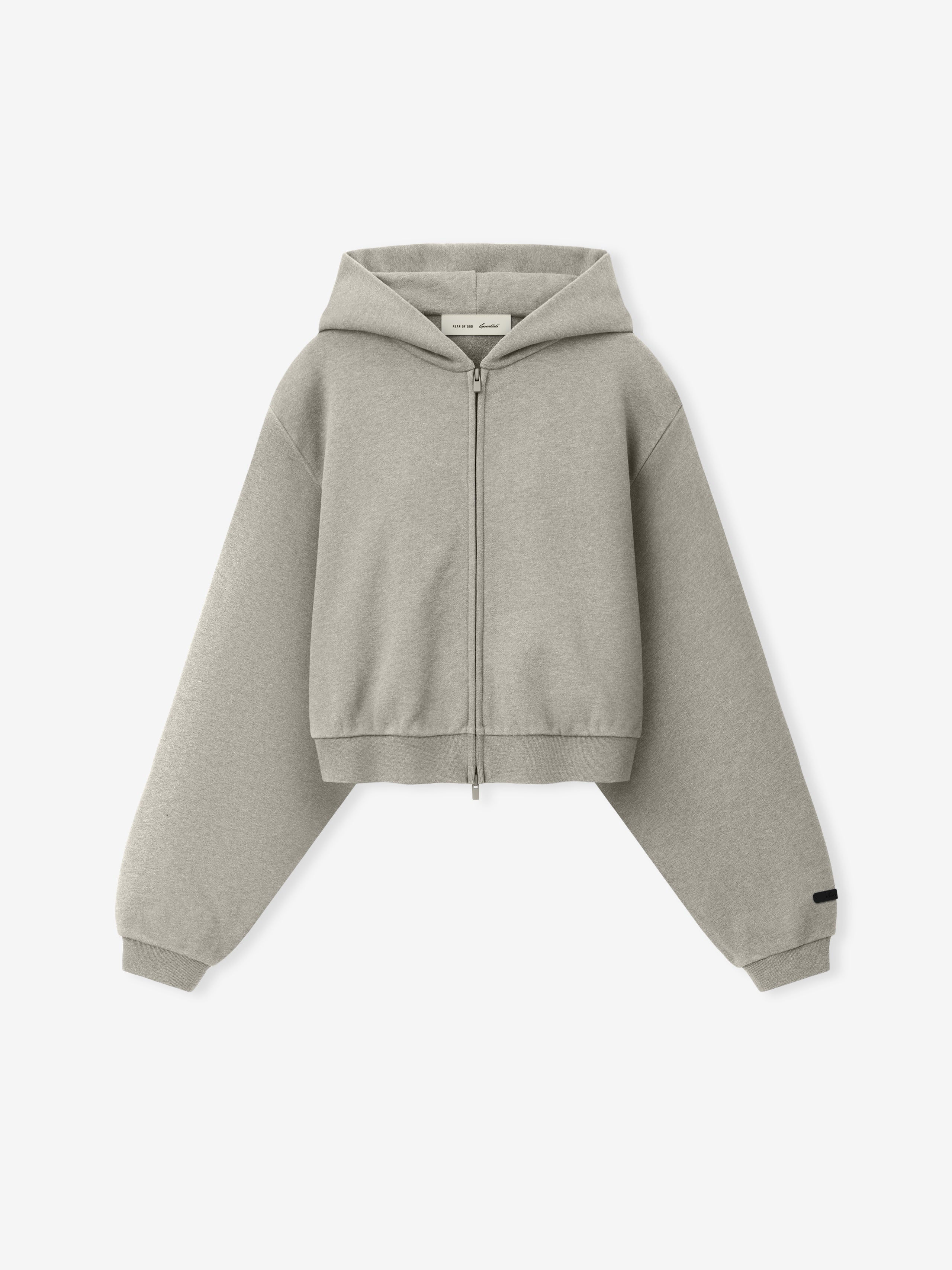 Womens Embossed FW26 Cropped Zip-Up Hoodie in light gray shown flat with front zip closure hood long sleeves ribbed cuffs and cropped hem Tops