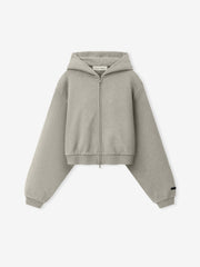 Womens Embossed FW26 Cropped Zip-Up Hoodie in light gray shown flat with front zip closure hood long sleeves ribbed cuffs and cropped hem Tops