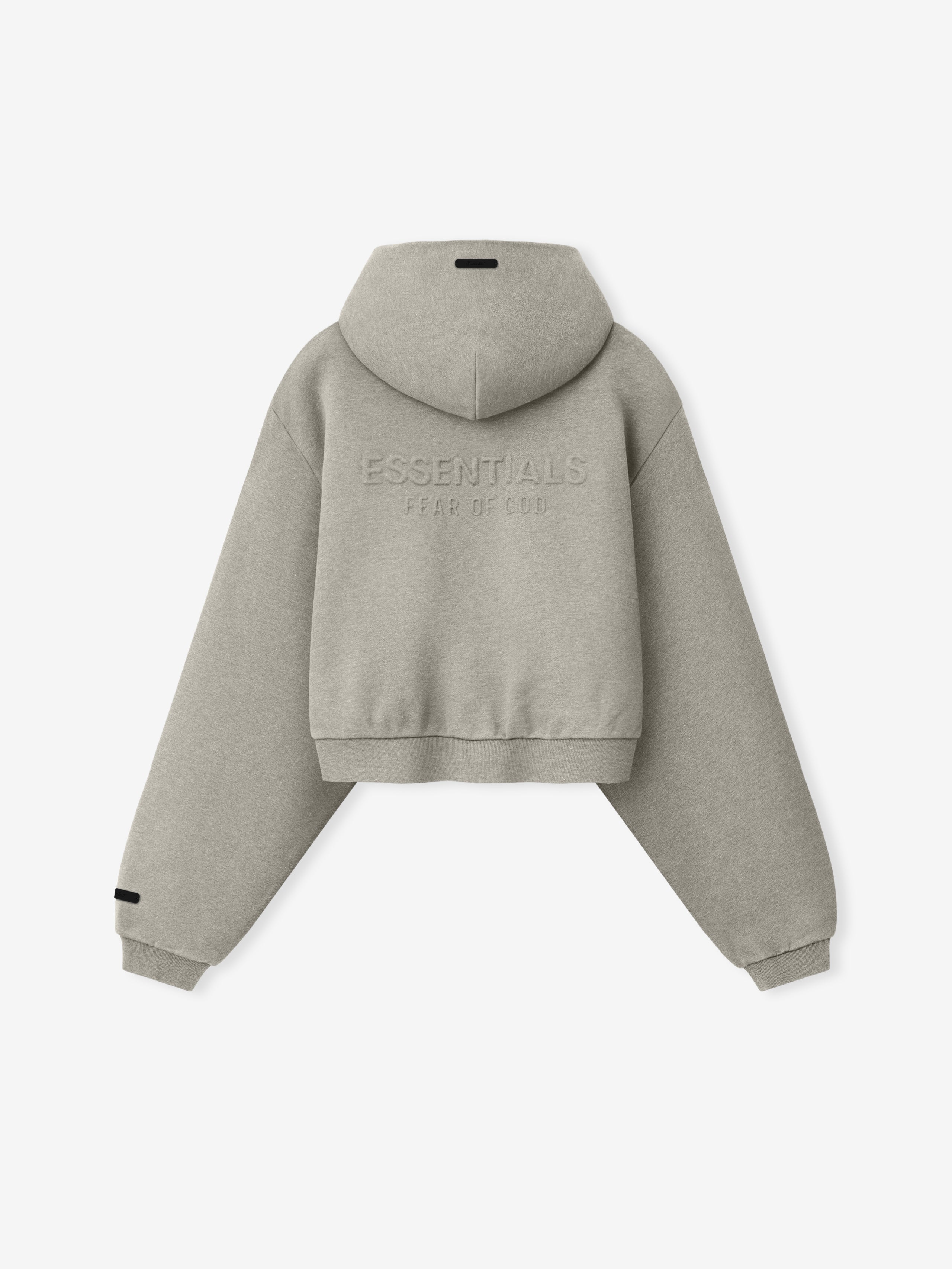 Womens Embossed FW26 Cropped Zip-Up Hoodie in light gray shown flat with hood long sleeves ribbed cuffs cropped hem and tonal ESSENTIALS Fear of God lettering Tops
