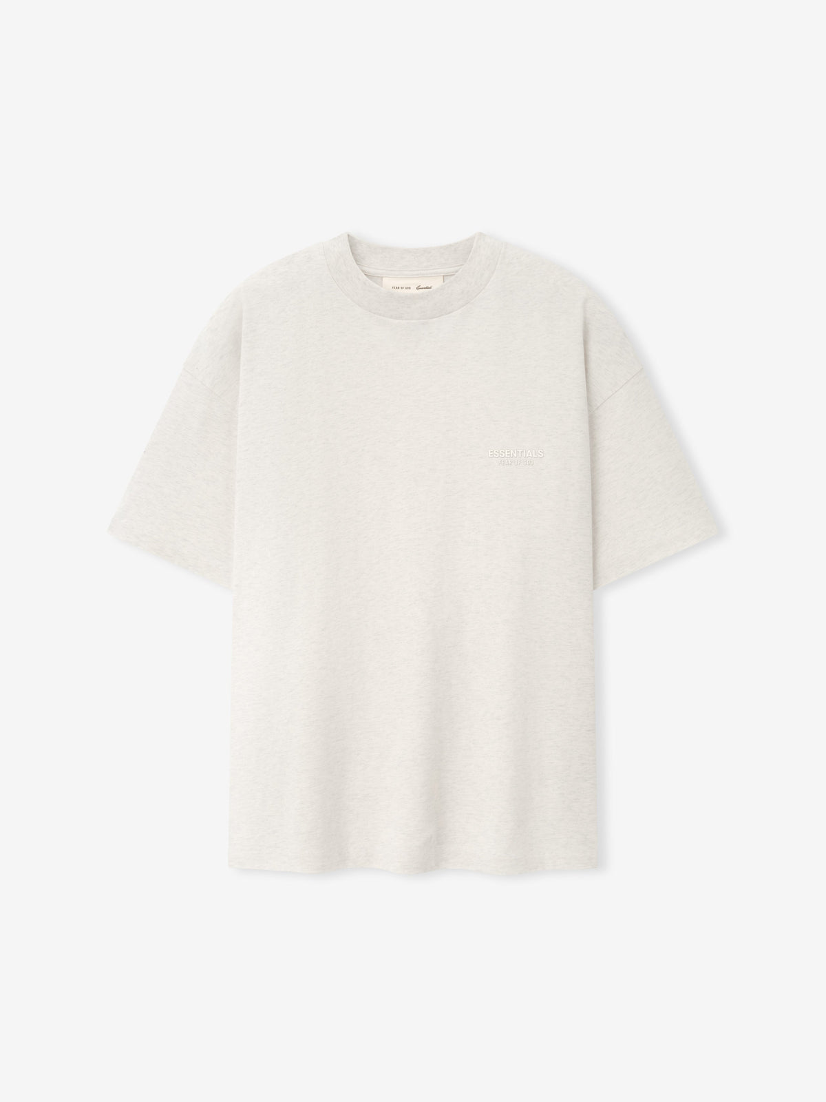 Essentials FW26 Classic Tee in off white shown flat with short sleeves crew neckline and subtle tonal chest logo on a clean background Tops