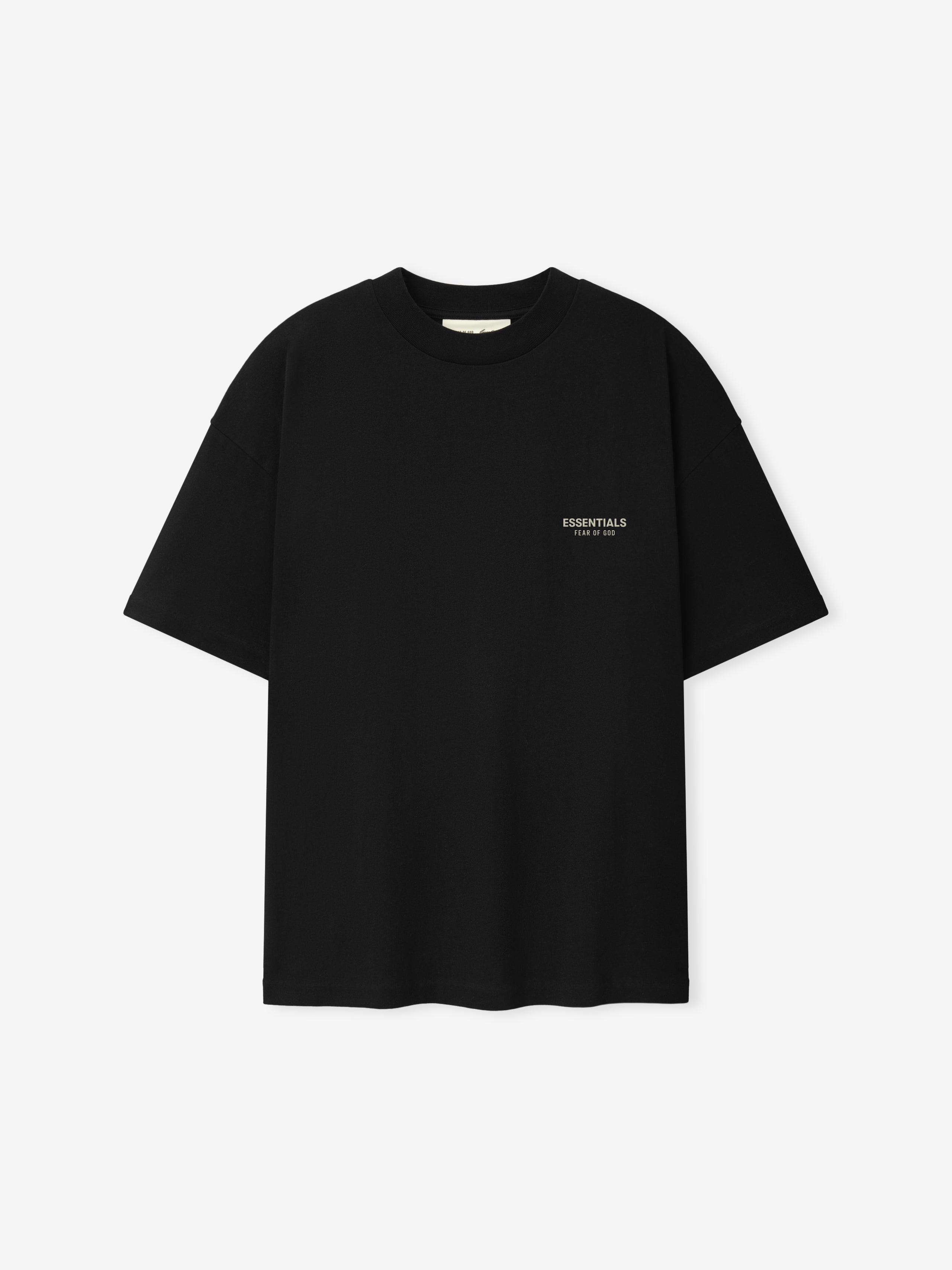 Essentials FW26 Classic Tee in black shown flat with short sleeves crew neckline and small tonal Essentials Fear of God chest logo Tops