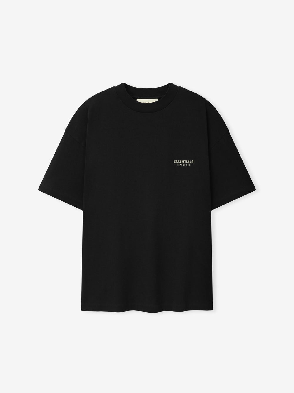 Essentials FW26 Classic Tee in black shown flat with short sleeves crew neckline and small tonal Essentials Fear of God chest logo Tops