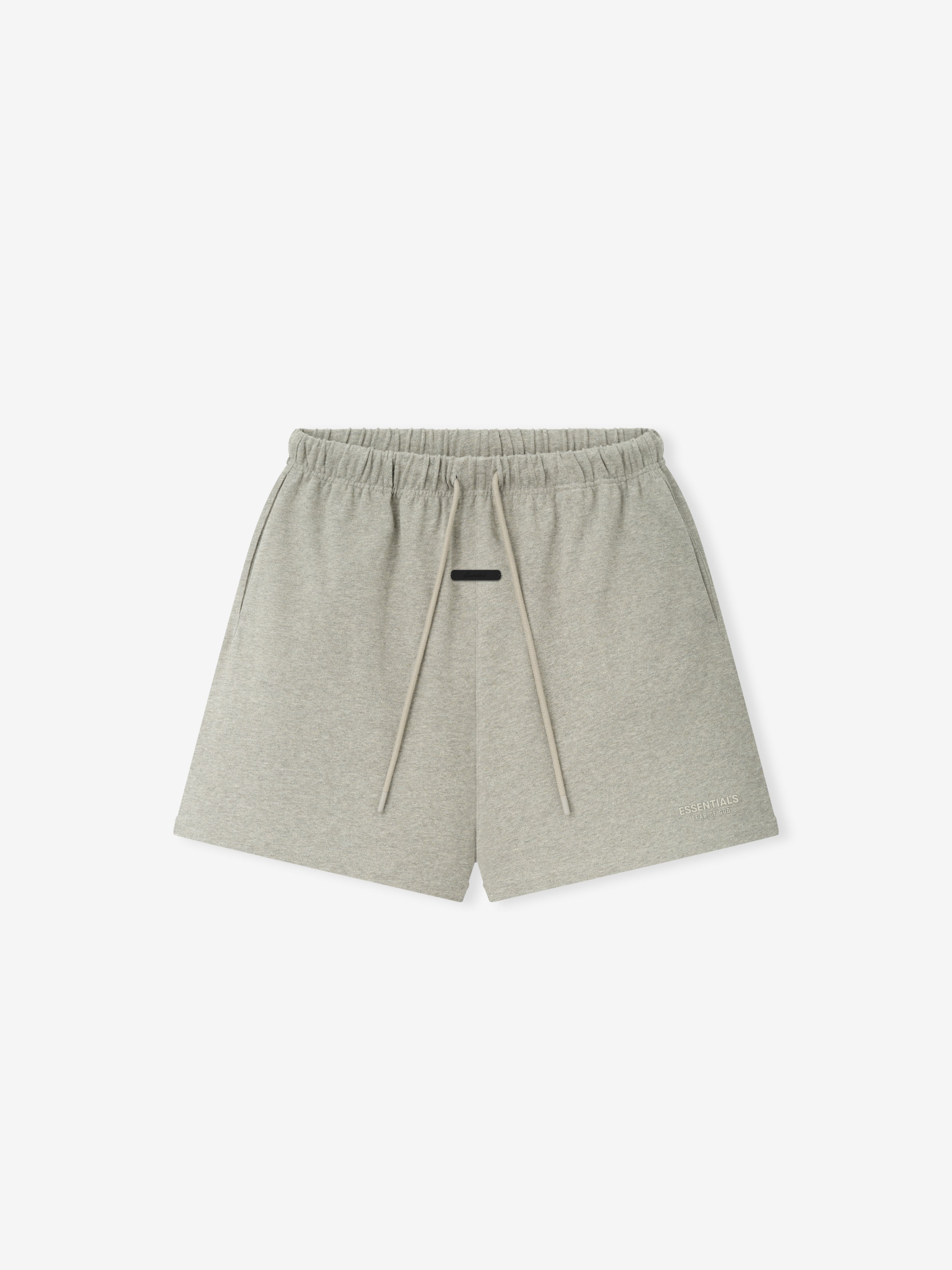 Essentials FW26 Classic Heavy Jersey Short in heather gray shown flat with an elastic waistband and drawstring on a clean background Bottoms