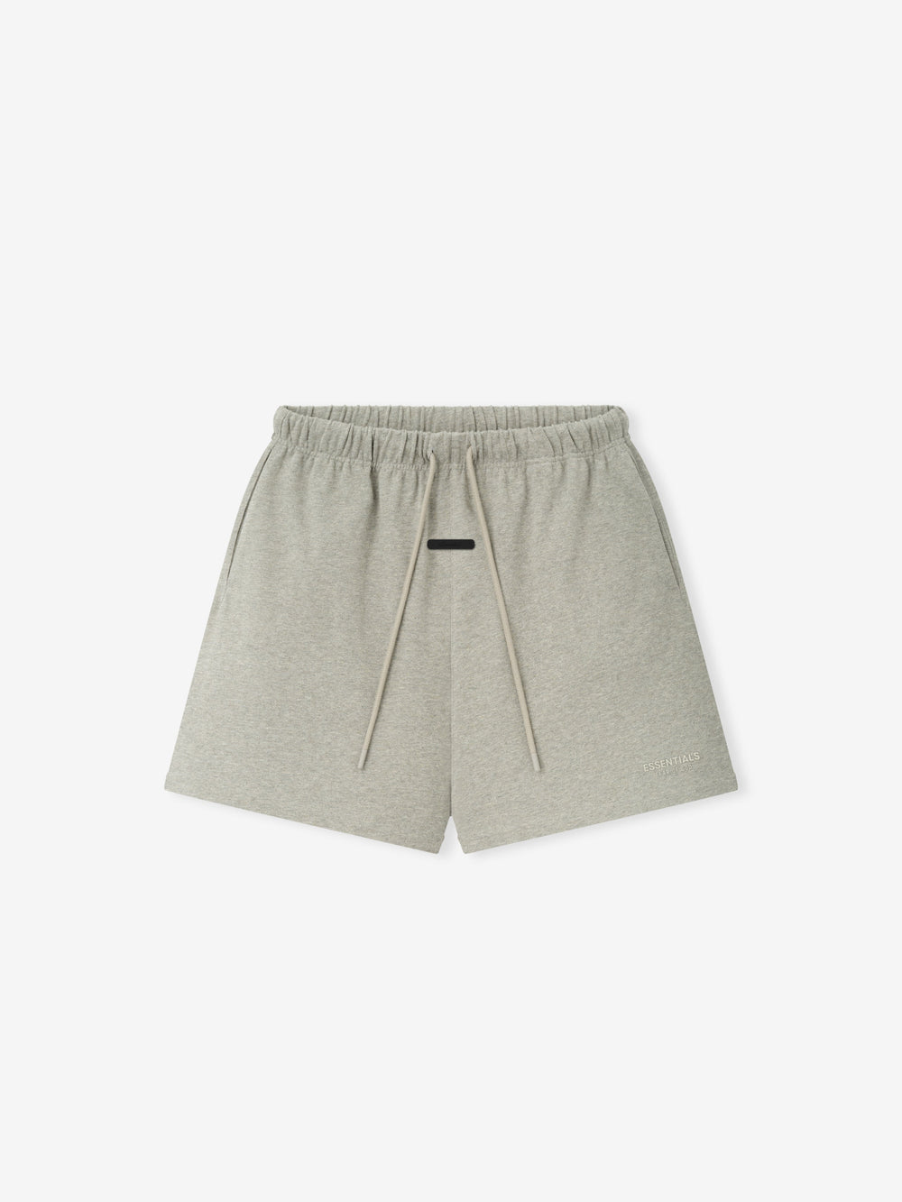 Essentials FW26 Classic Heavy Jersey Short in heather gray shown flat with an elastic waistband and drawstring on a clean background Bottoms