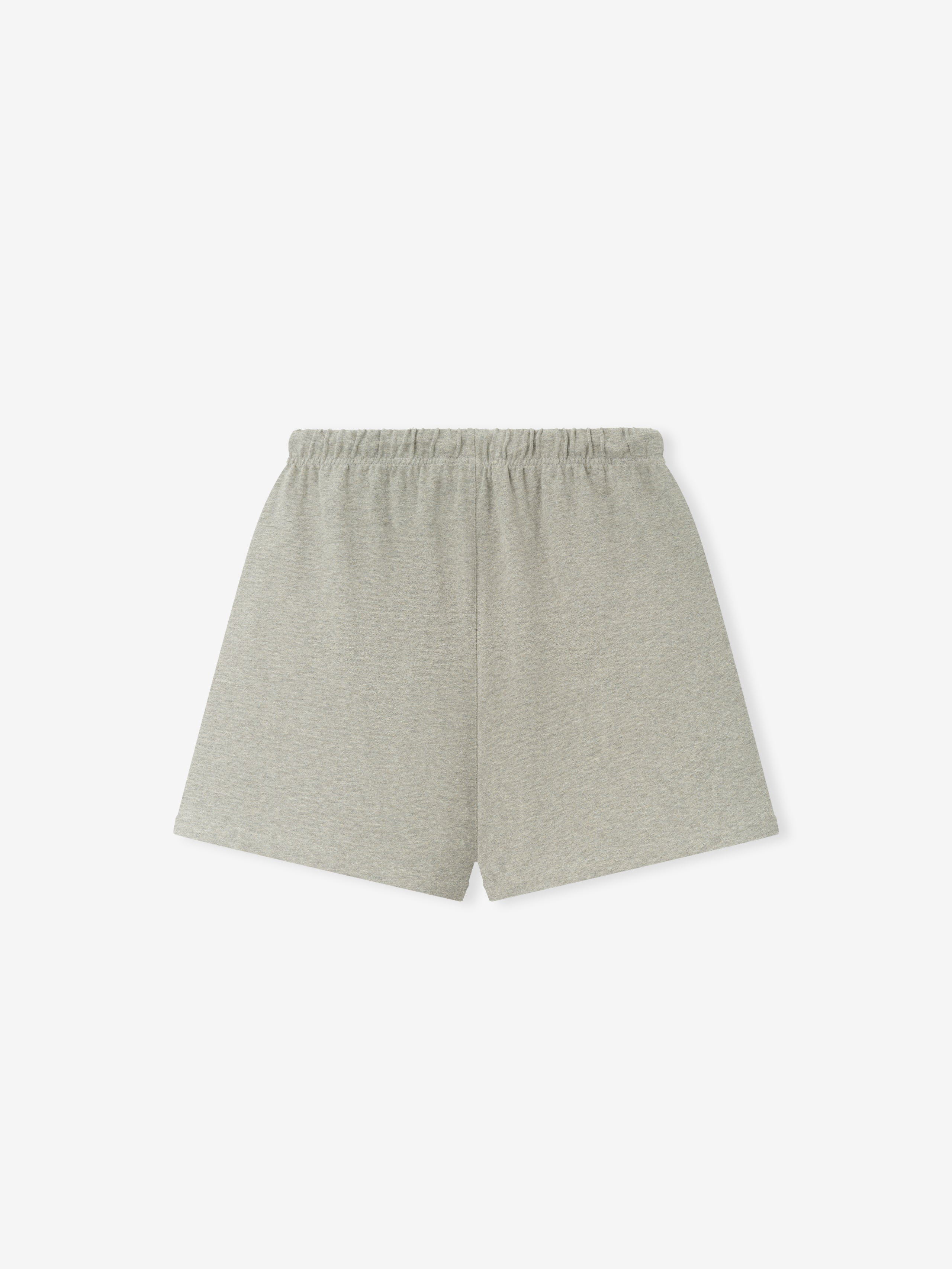Essentials FW26 Classic Heavy Jersey Short in heather gray shown flat with an elastic waistband and relaxed leg opening on a clean background Bottoms