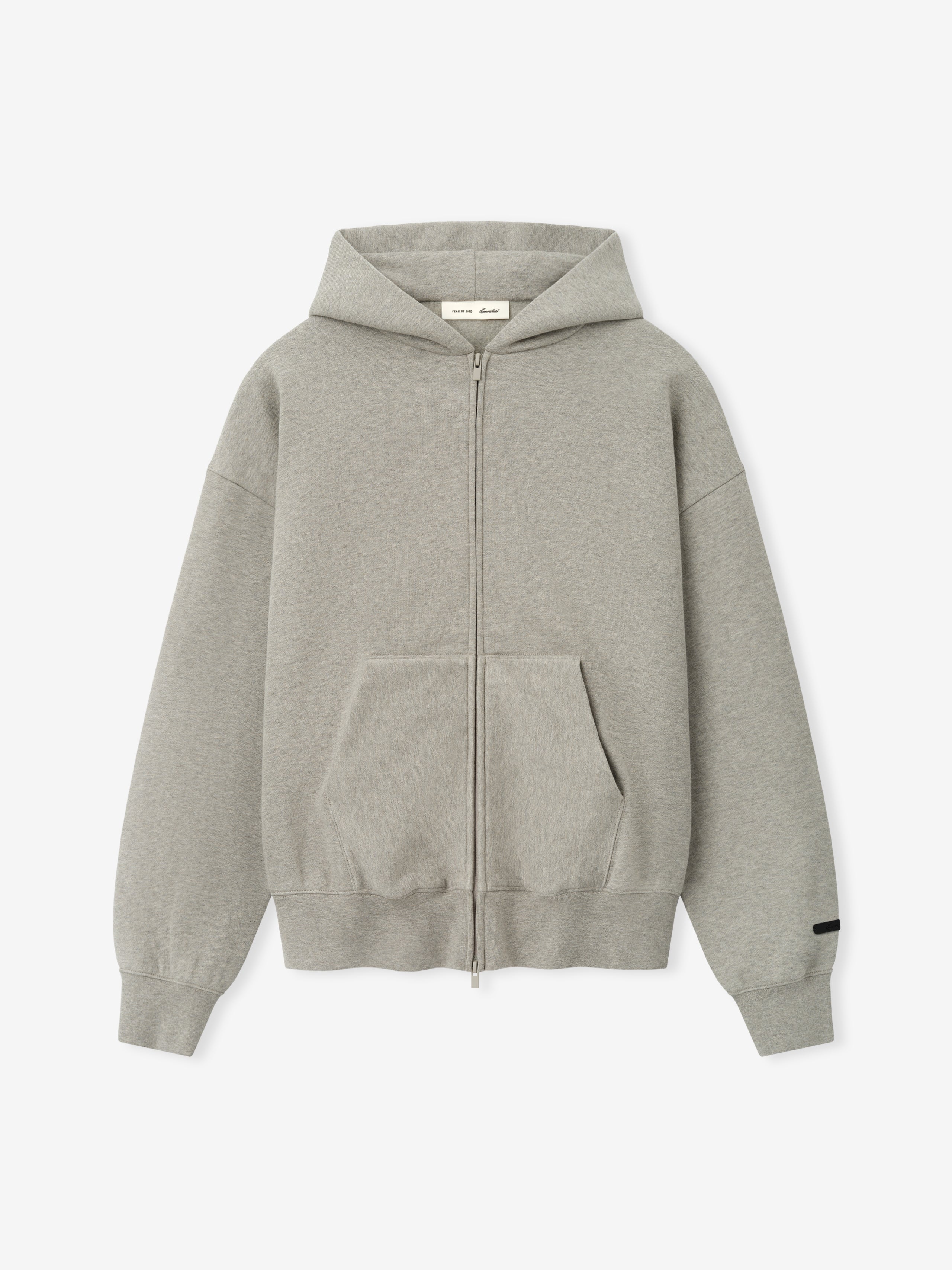 Essentials FW26 Classic Zip-Up Hoodie in heather gray shown flat with full zip closure hood kangaroo pockets ribbed cuffs and hem and sleeve logo detail Tops