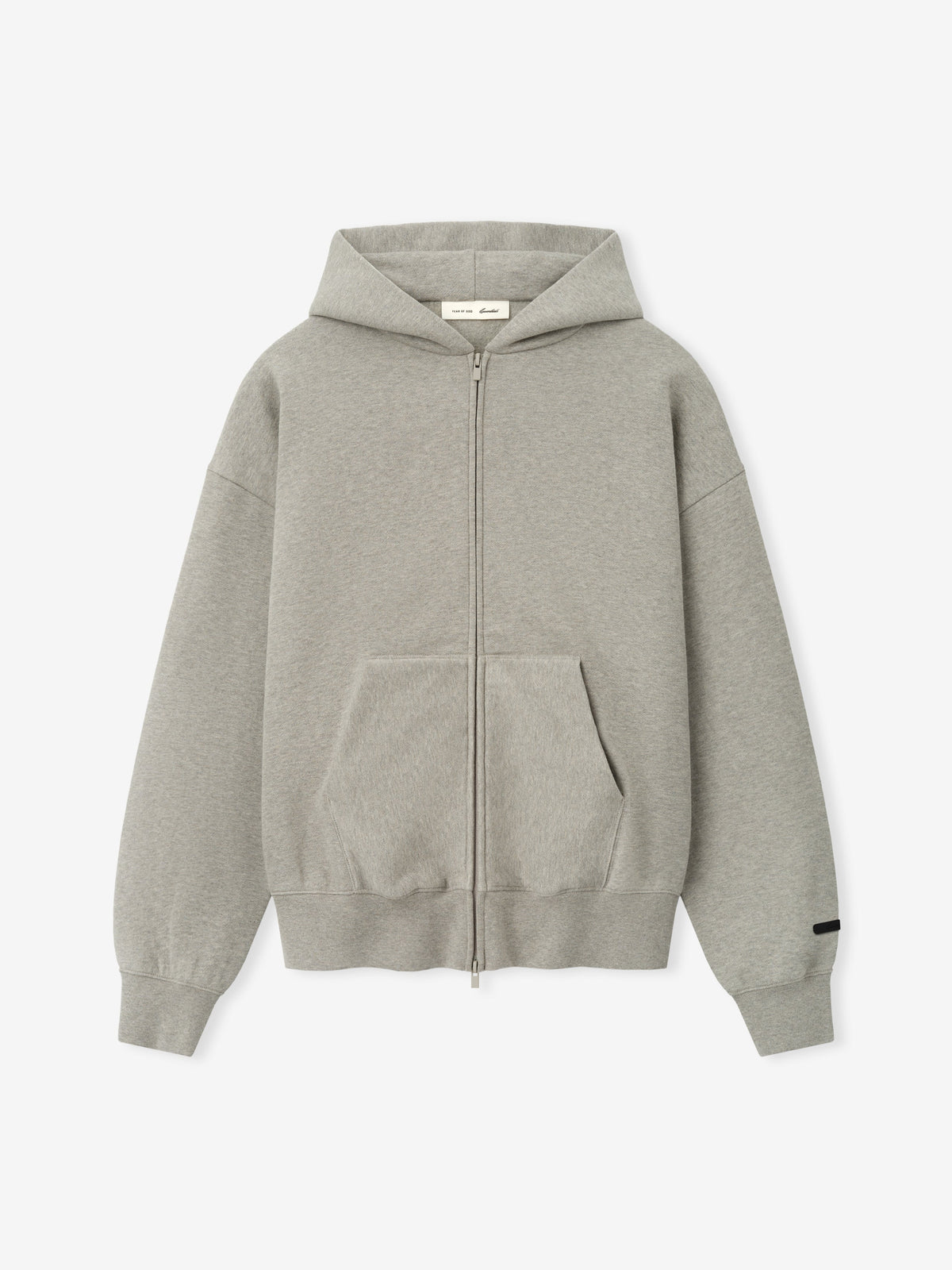 Essentials FW26 Classic Zip-Up Hoodie in heather gray shown flat with full zip closure hood kangaroo pockets ribbed cuffs and hem and sleeve logo detail Tops