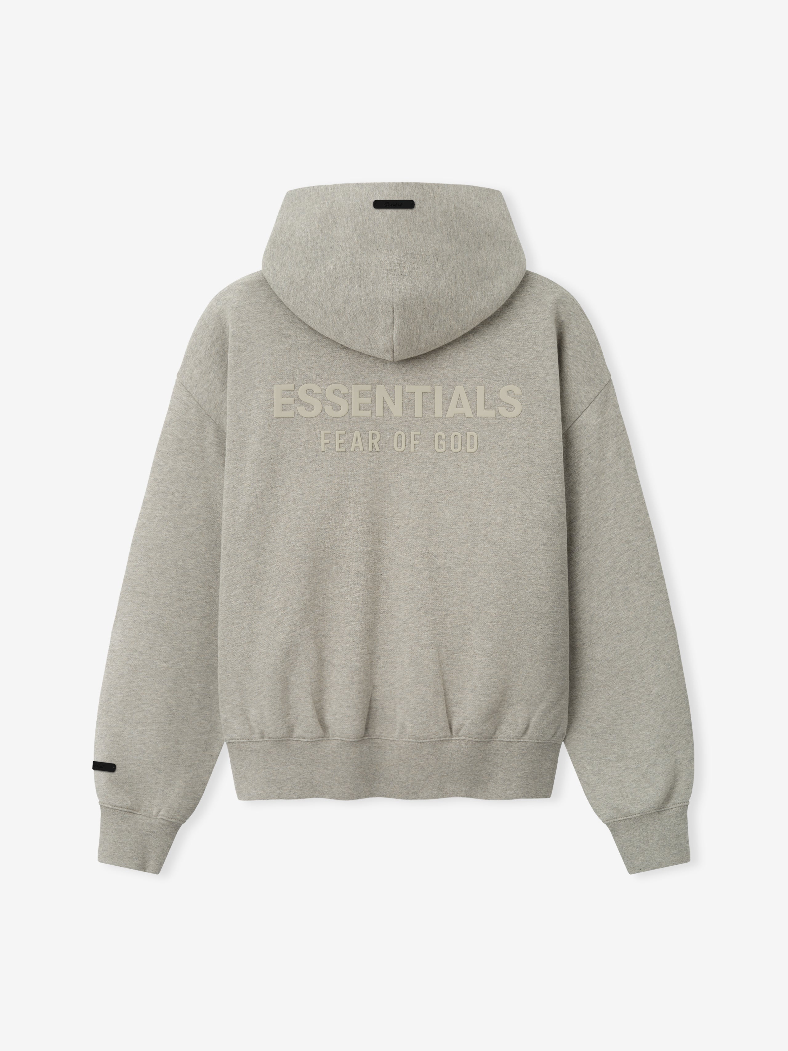 Essentials FW26 Classic Zip-Up Hoodie in heather gray shown from the back with hood ribbed cuffs and hem and tonal Essentials Fear of God branding Tops