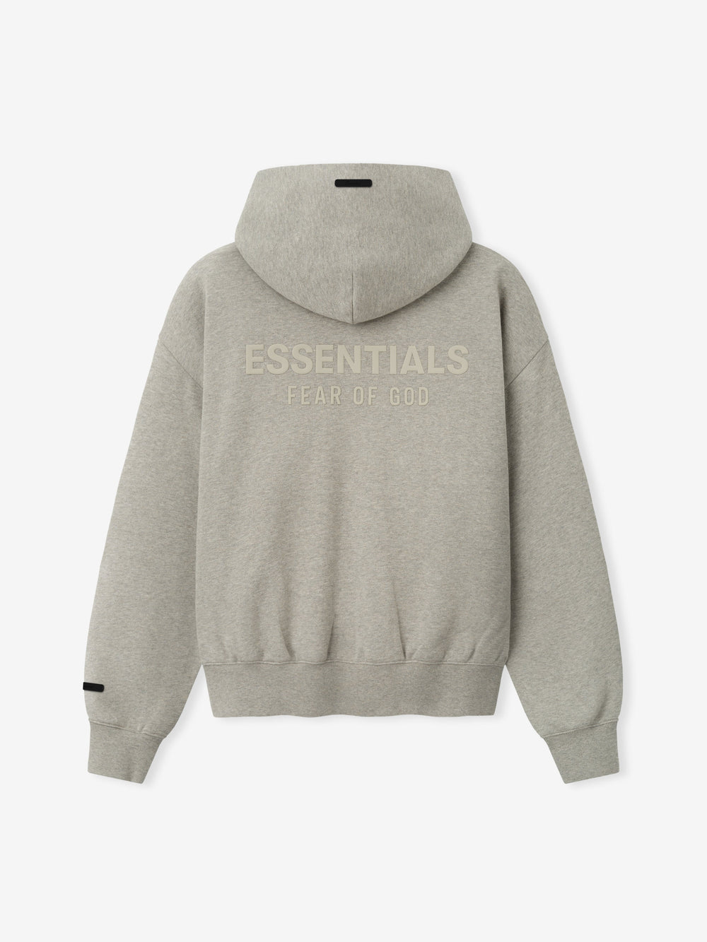 Essentials FW26 Classic Zip-Up Hoodie in heather gray shown from the back with hood ribbed cuffs and hem and tonal Essentials Fear of God branding Tops