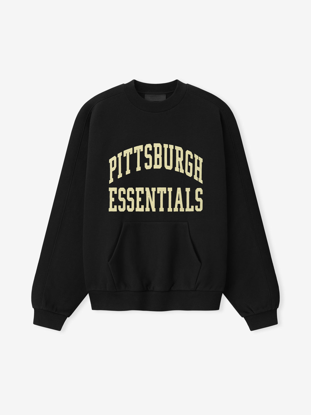 Steelers 90s Relaxed Crewneck black sweatshirt with cream Pittsburgh Essentials collegiate lettering kangaroo pocket and ribbed cuffs shown as a Tops product view